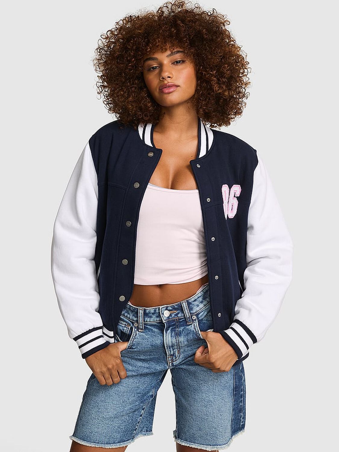vs Pink Varsity Bomber Jacket Noir Navy 1 of 2 