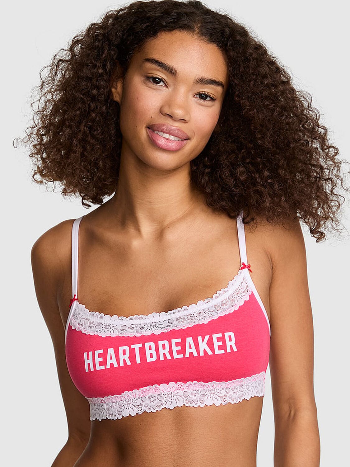 vs Pink Cotton Lace-Trim Scoop Bralette Candy Pink Heartbreaker 1 of 2 