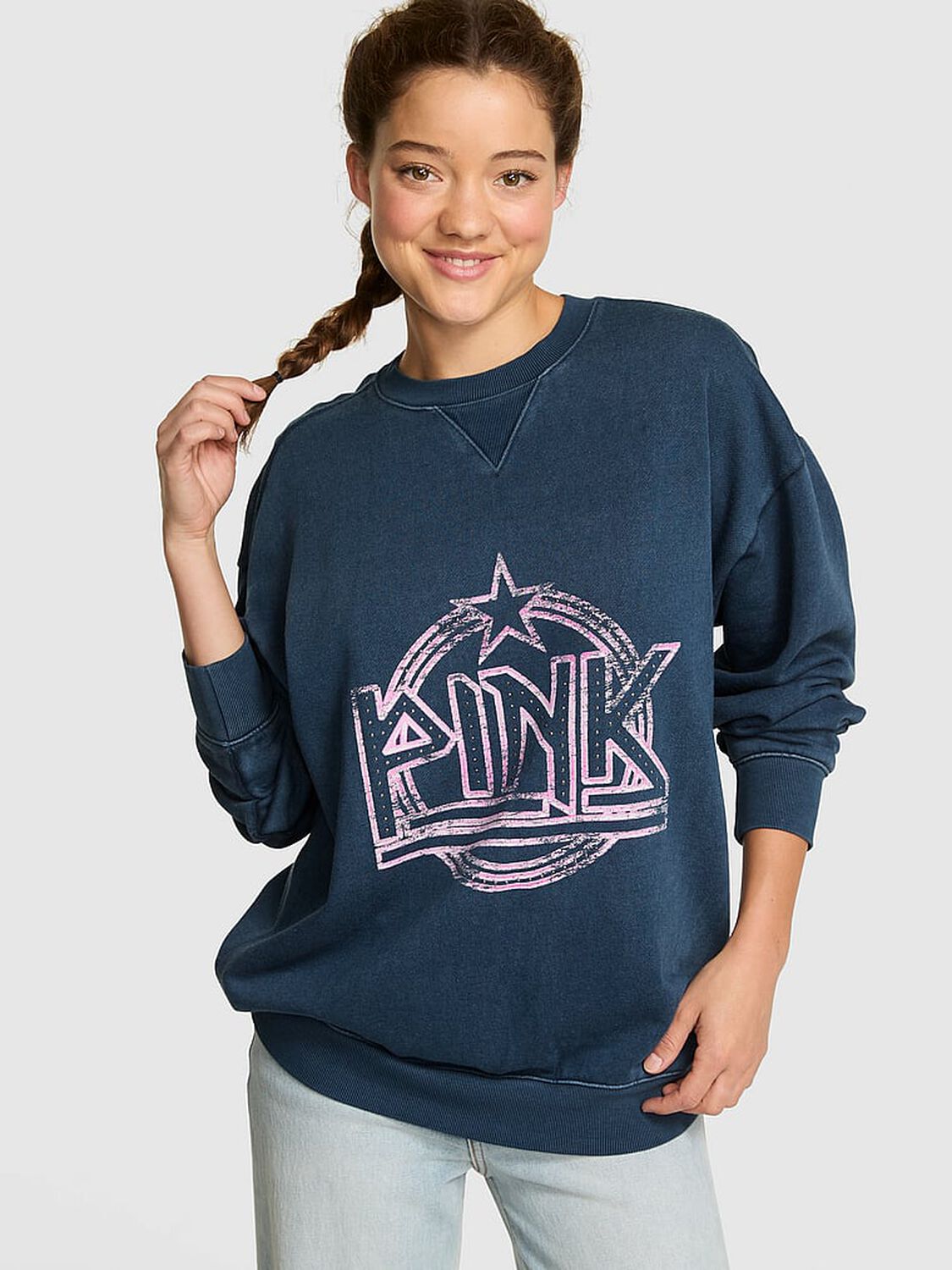 vs Pink Ivy Fleece Oversized Crew Sweatshirt Noir Navy Band 1 of 3 