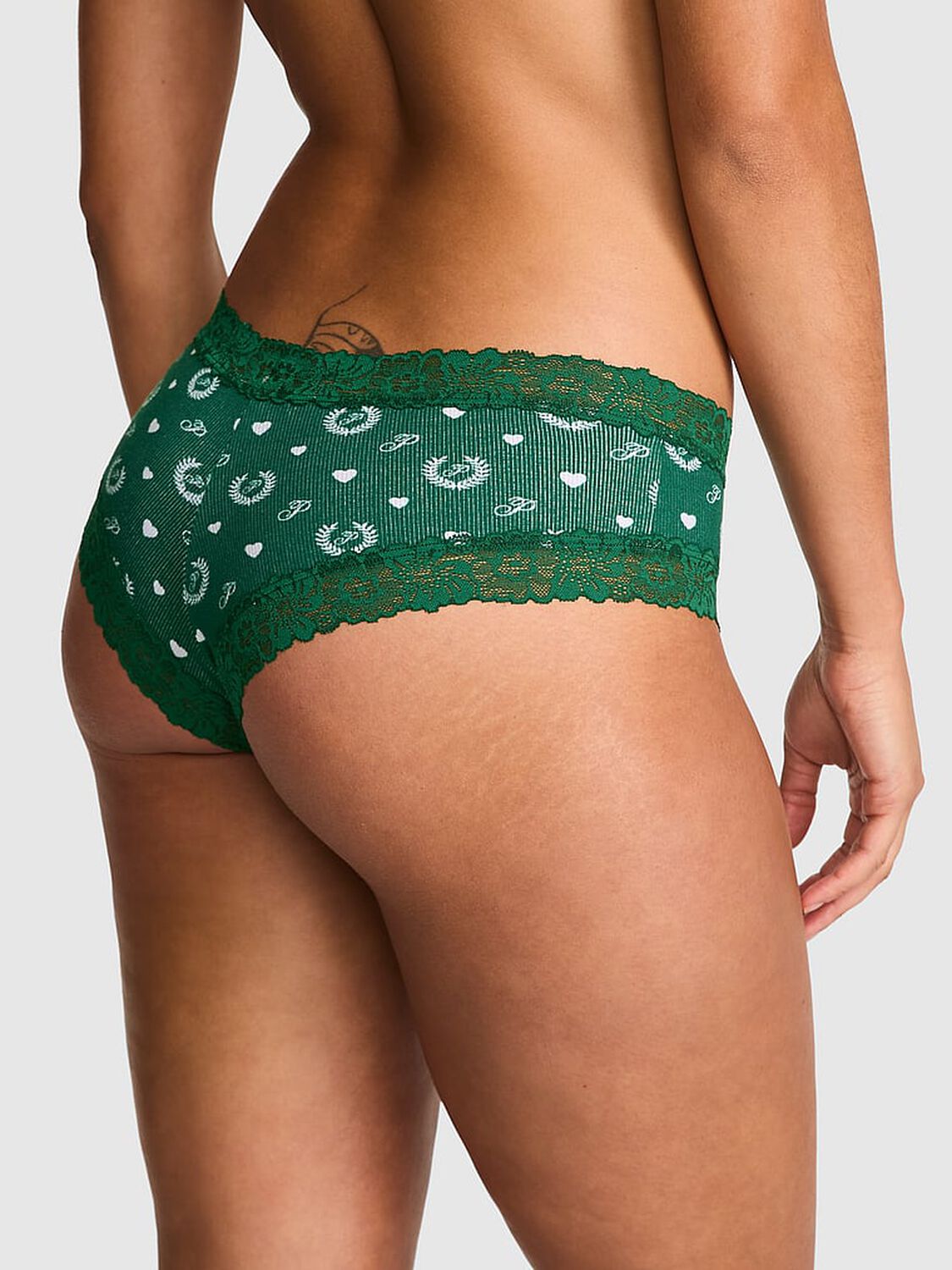 vs Pink Wink Lace-Trim Cheeky Panty Jaguar Green Laurel Heart Print 2 of 3 