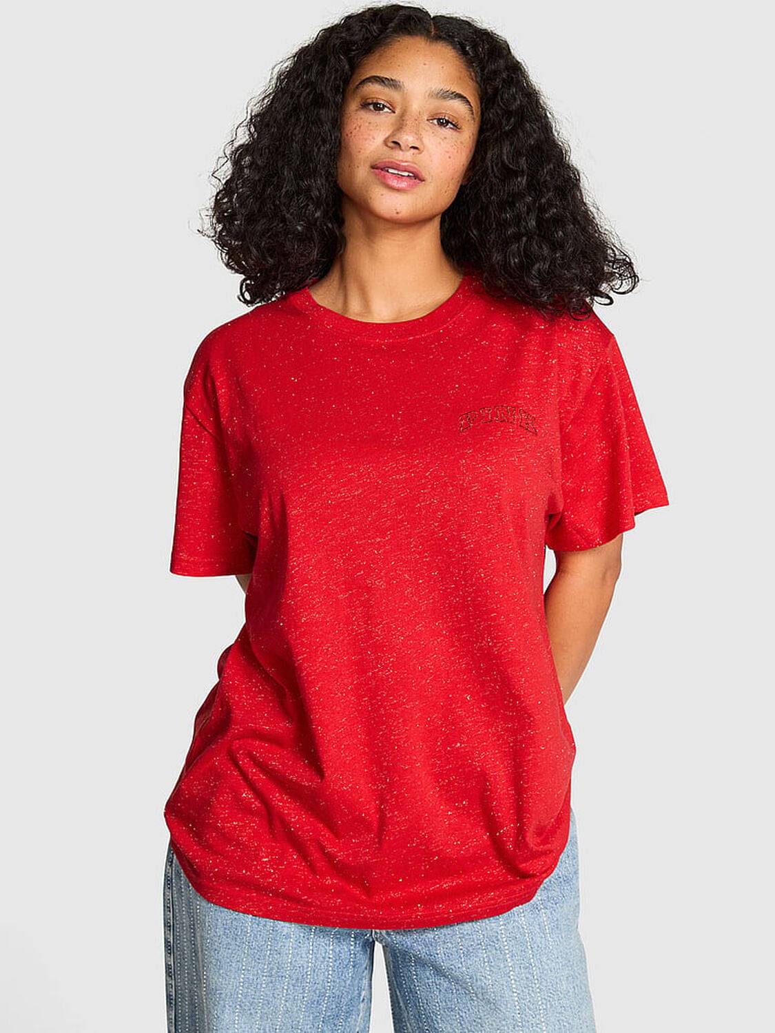 pink Pink Campus Cotton Bling Tee Heathered Bright Vermillion Woven Shine 1 of 2 