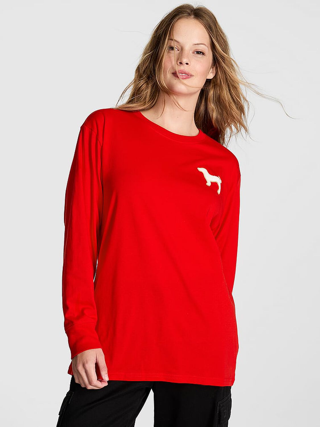vs Pink Campus Cotton Long-Sleeve Tee Bright Vermillion Santas Fav 3 of 3 