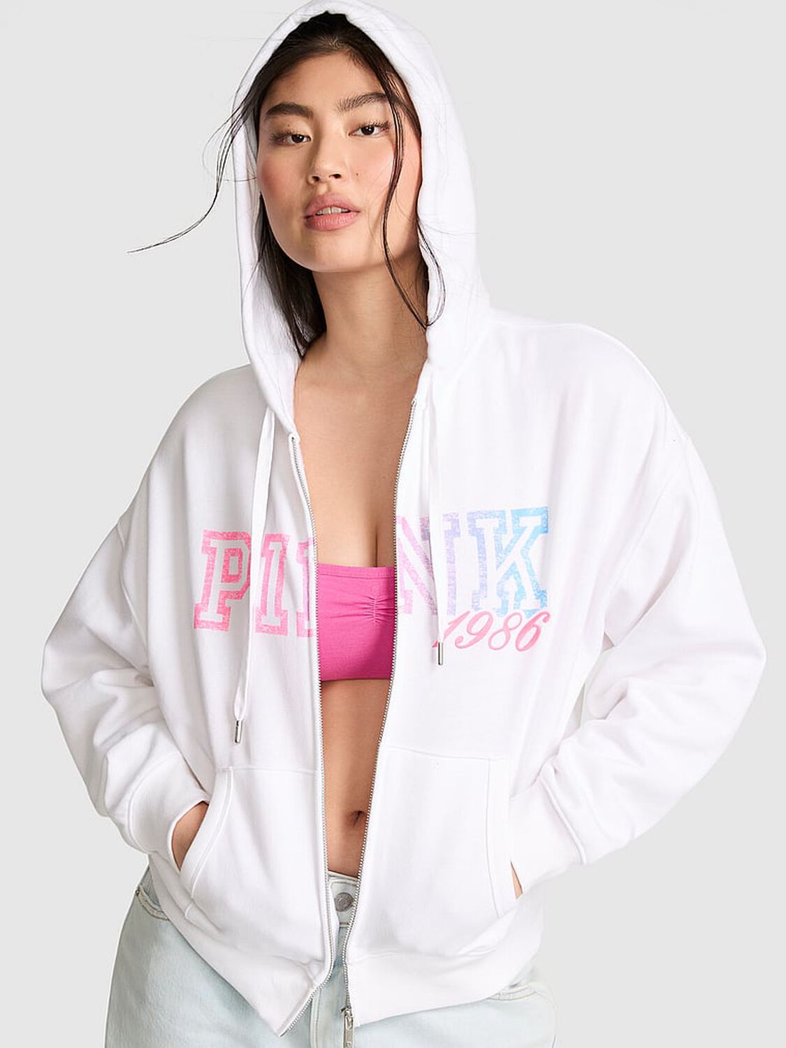 vs Pink Campus Fleece&trade; Full-Zip Hoodie Vs White 1 of 3 