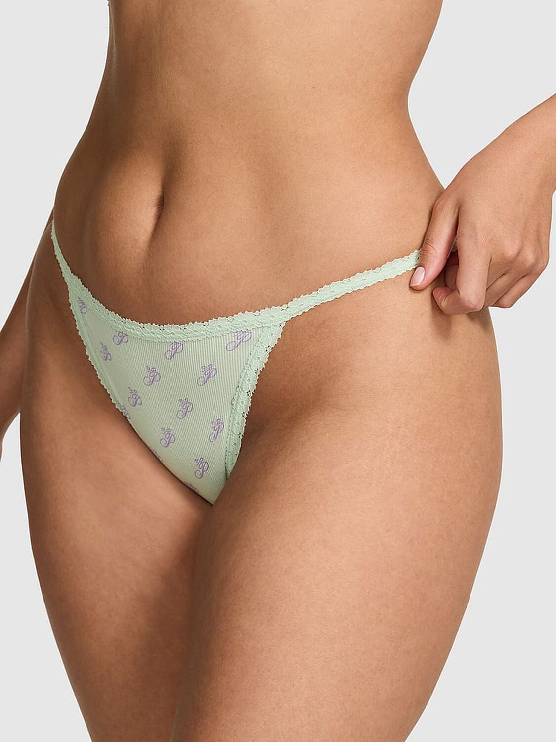 vs Pink Cotton Lace Trim String Bikini Panty Mint Script P 1 of 3 