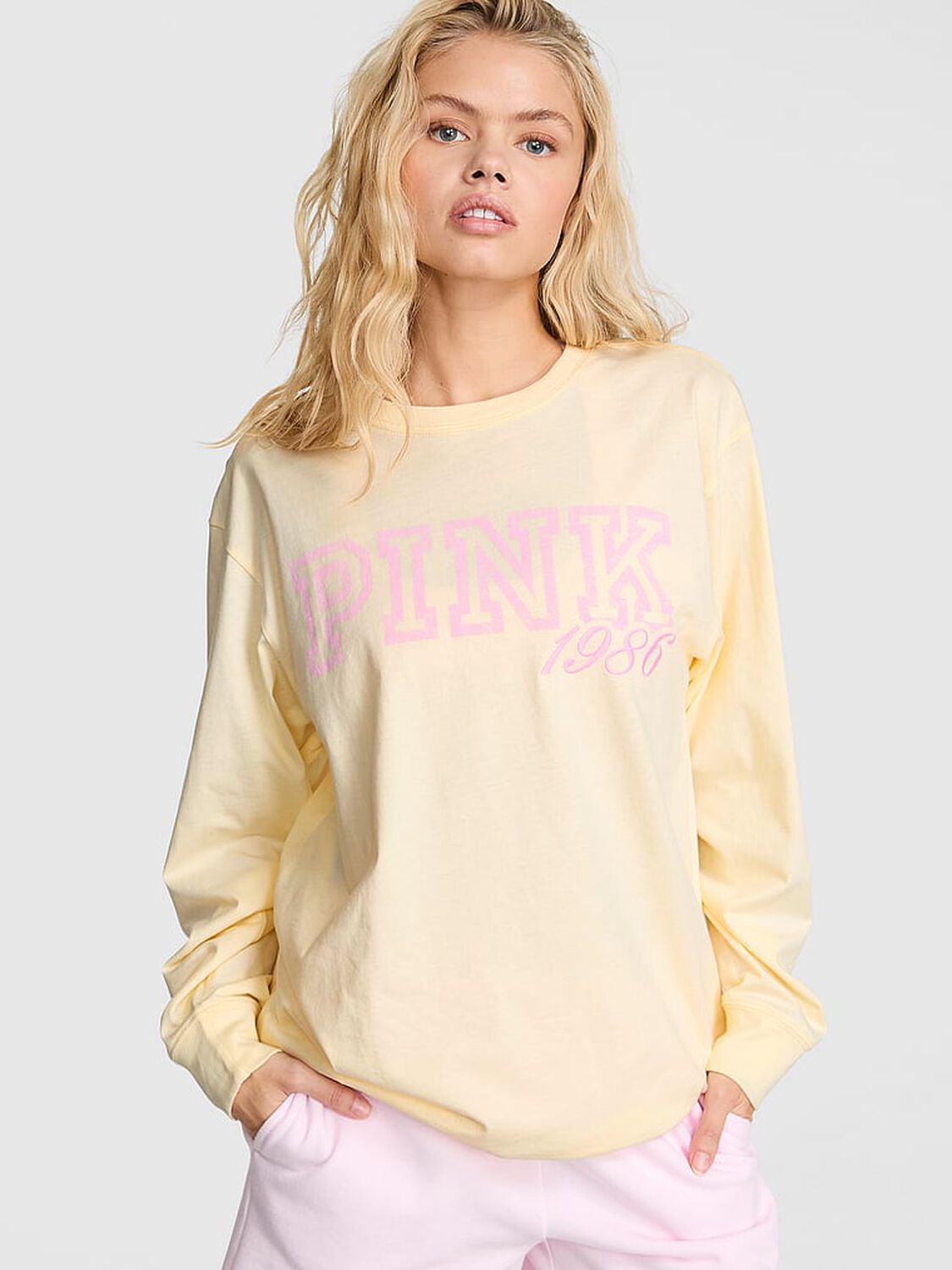 vs Pink Campus Cotton&trade; Long-Sleeve Tee Palest Yellow 1 of 3 
