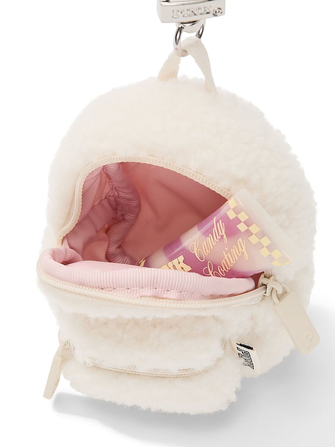 vs Pink Mini Backpack Keychain Charm Winter White Plush Teddy 1 of 2 