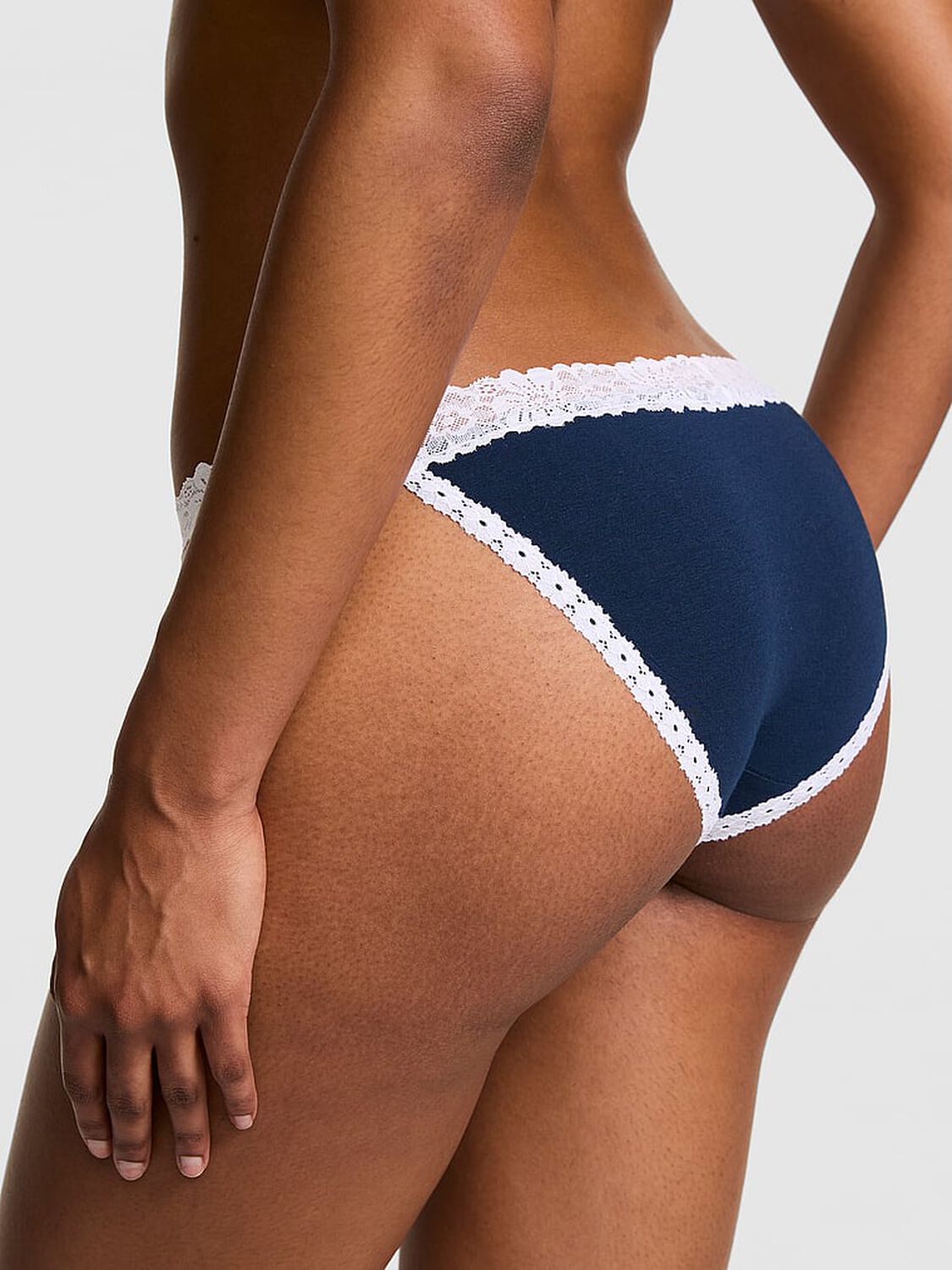 vs Pink Cotton Lace-Trim Bikini Panty Noir Navy With White Lace And Too Cute Graphic 2 of 3 