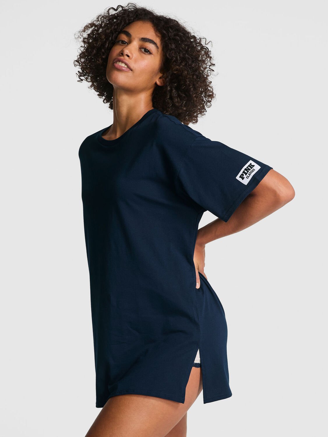 vs Pink Cotton Oversized Side-Slit Sleepshirt Noir Navy 1 of 3 