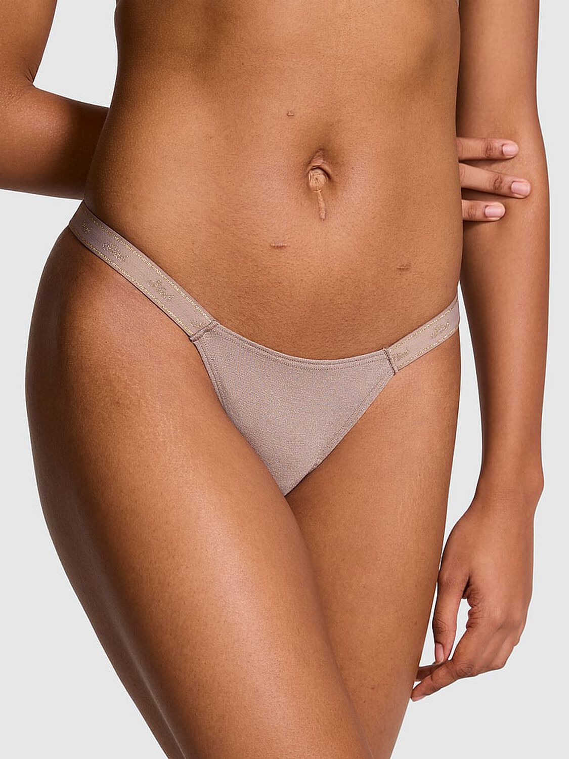 vs Pink Logo Cotton Shimmer Micro Thong Panty Iced Coffee Sparkle Knit 1 of 4 