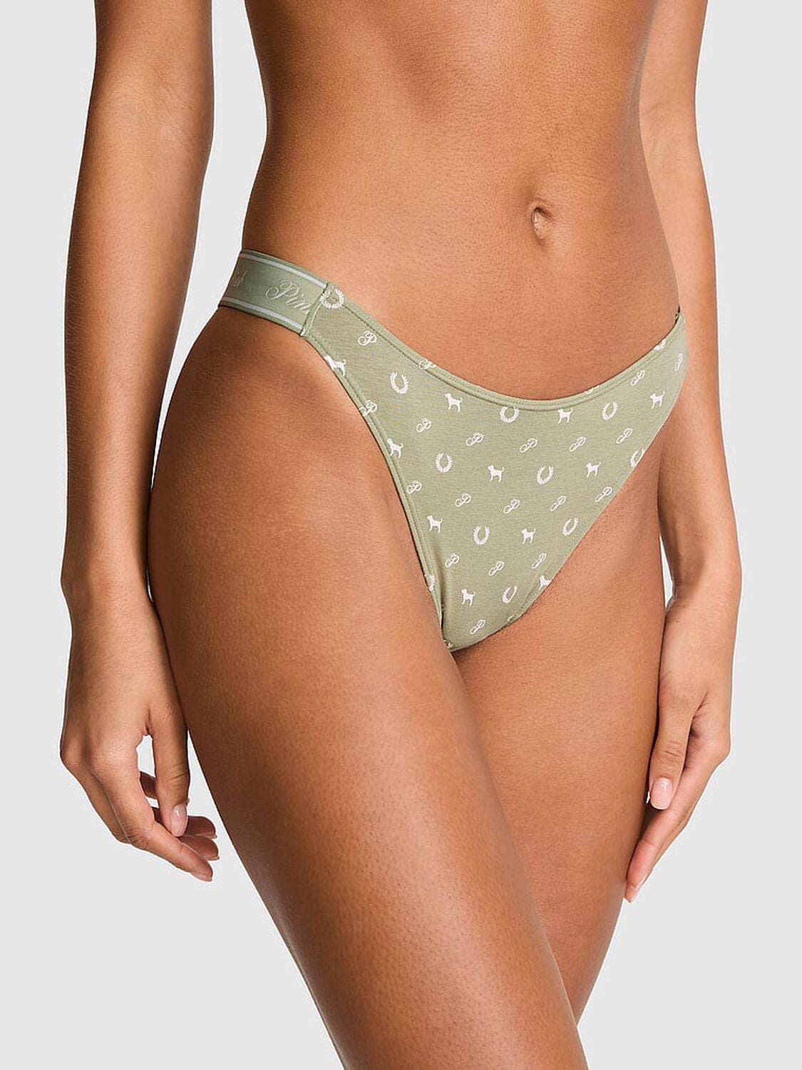 vs Pink Logo Cotton High-Leg Thong Panty Slate Green P Heritage Print 1 of 2 