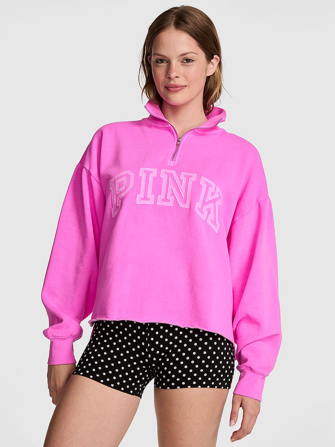vs Pink Campus Fleece&trade; Quarter-Zip Straight-Cut Sweatshirt Pink Berry 1 of 4 