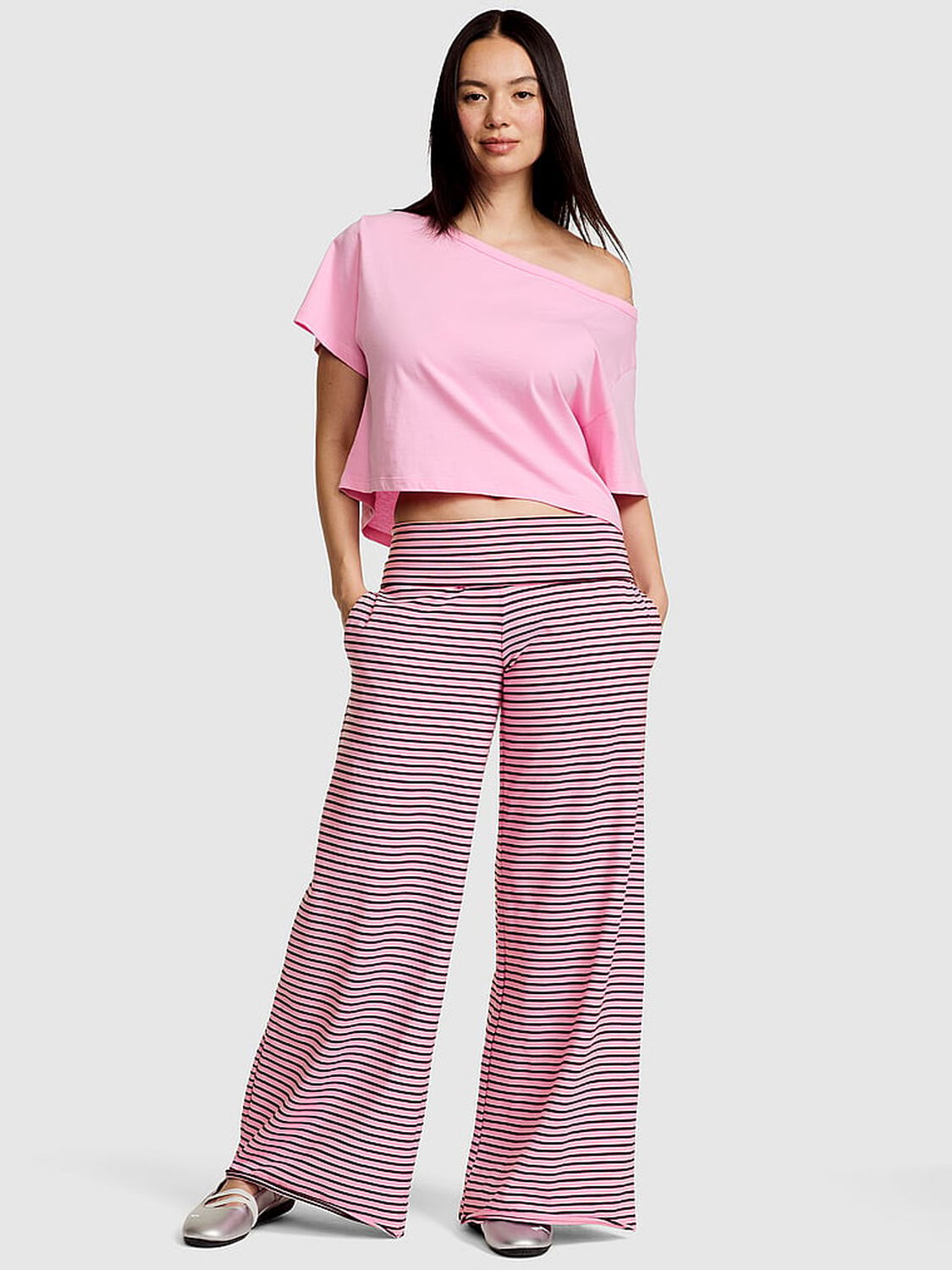 pink Pink All-Day Cotton&trade; Foldover Wide-Leg Pants Pink Friday Stripe 1 of 4 