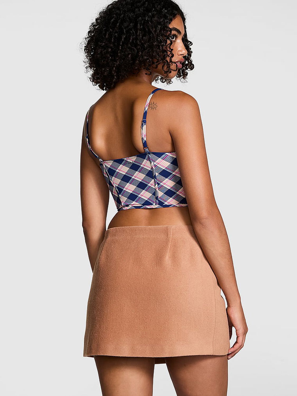vs Pink Bralettes & Bra Tops The Cinched Micro Corset Top Navy Plaid Print 2 of 4 