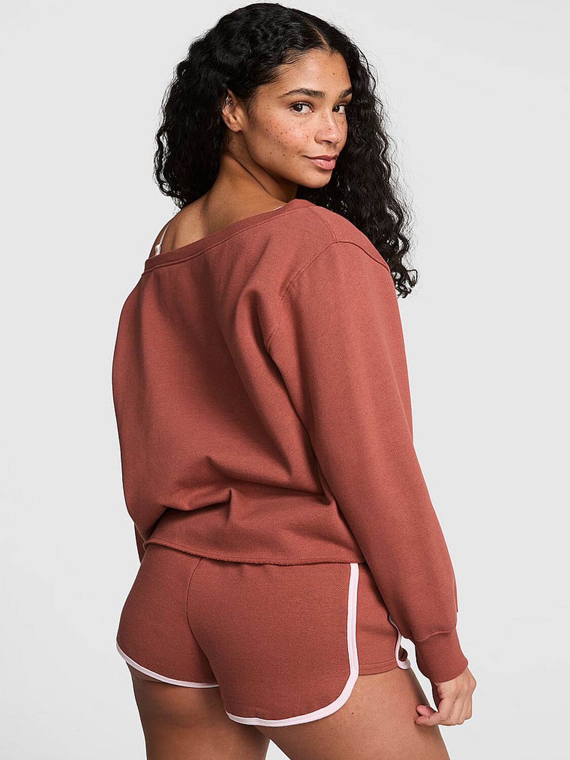 vs Pink Campus Fleece&trade; Rib Off-The-Shoulder Sweatshirt Clay Sunset 2 of 3 