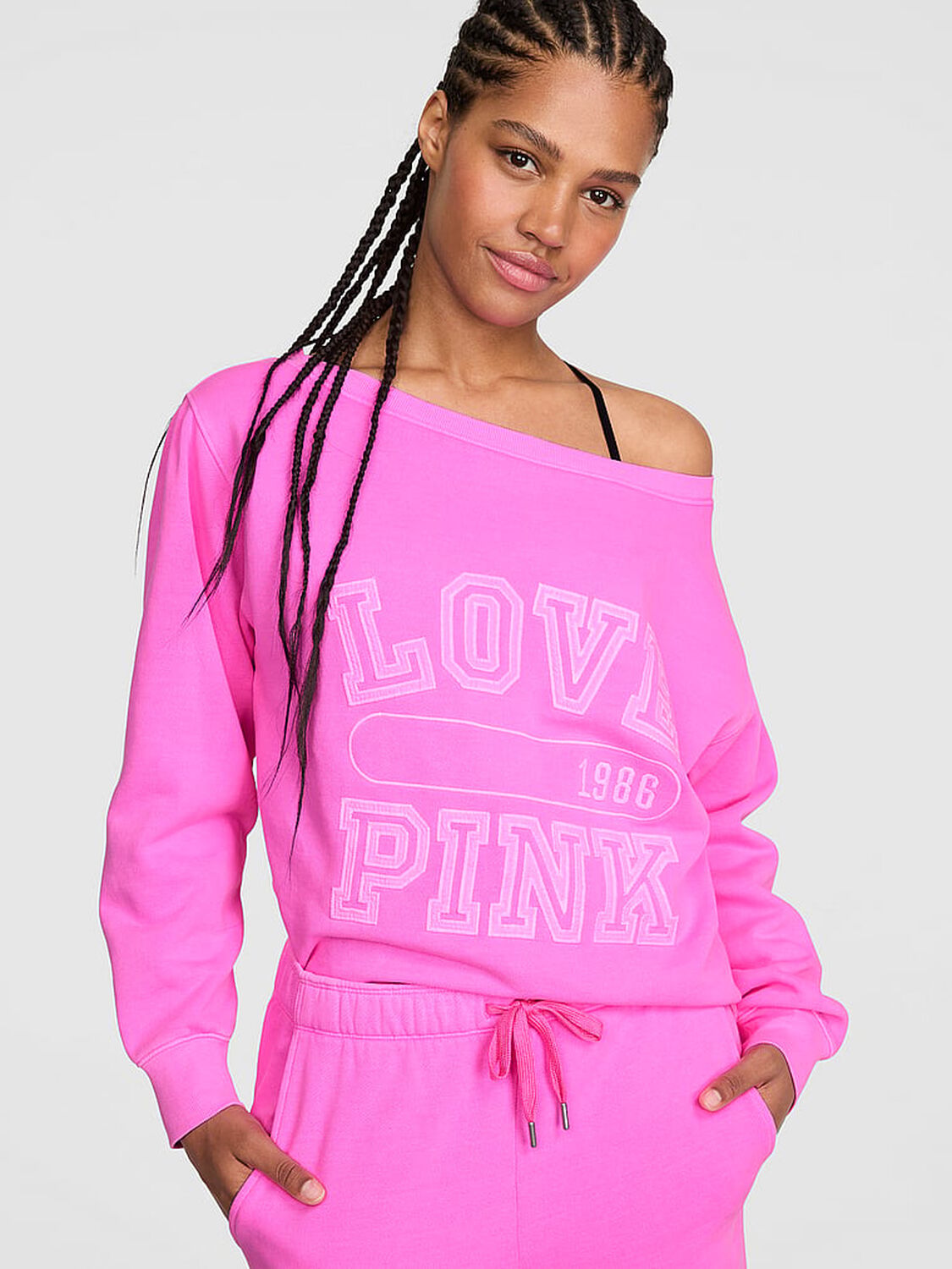vs Pink Campus Fleece&trade; Rib Off-The-Shoulder Sweatshirt Pink Berry 1 of 3 