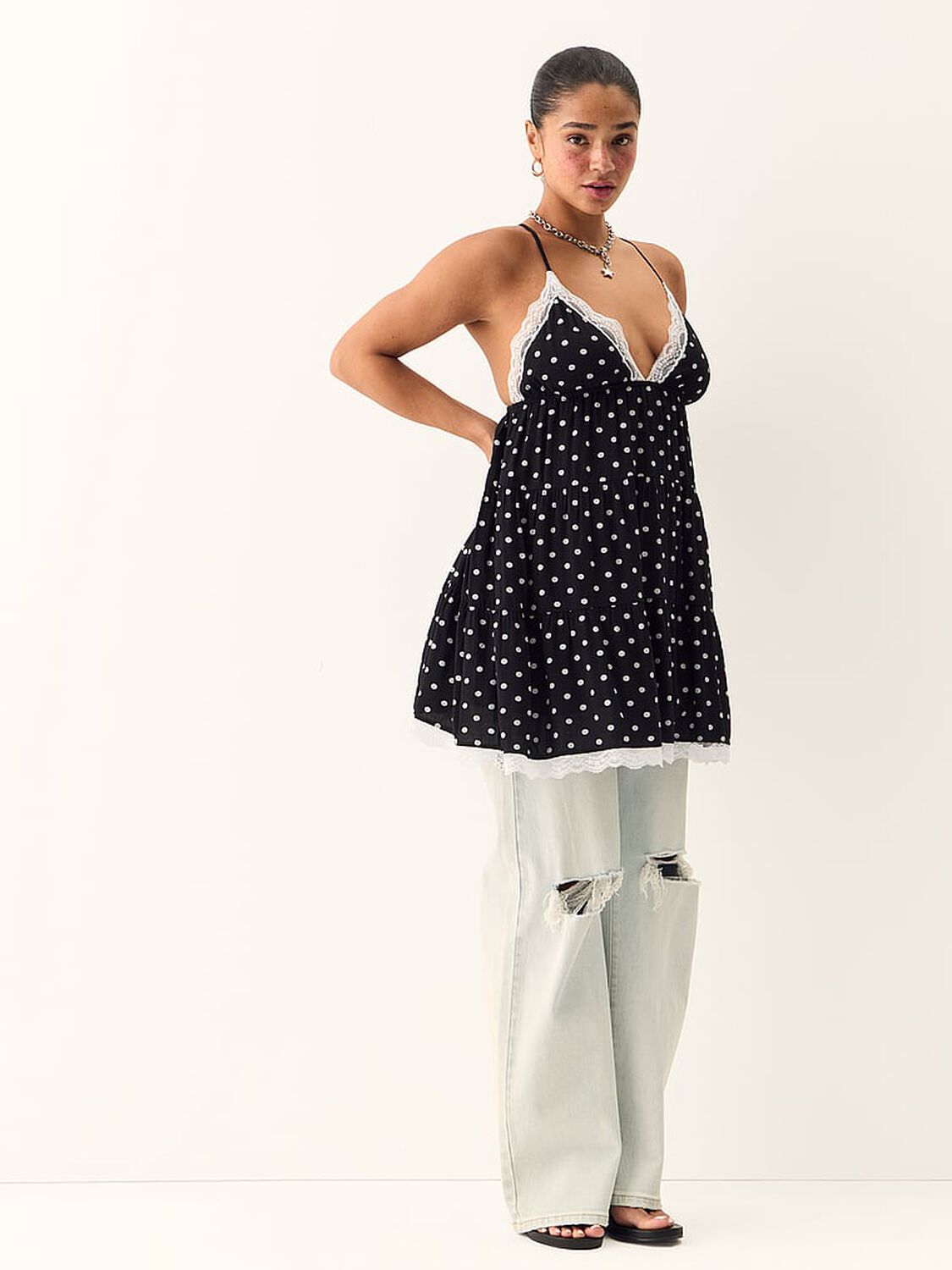vs Pink Flirt Alert Tiered Mini Dress Black And White Dots 4 of 4 