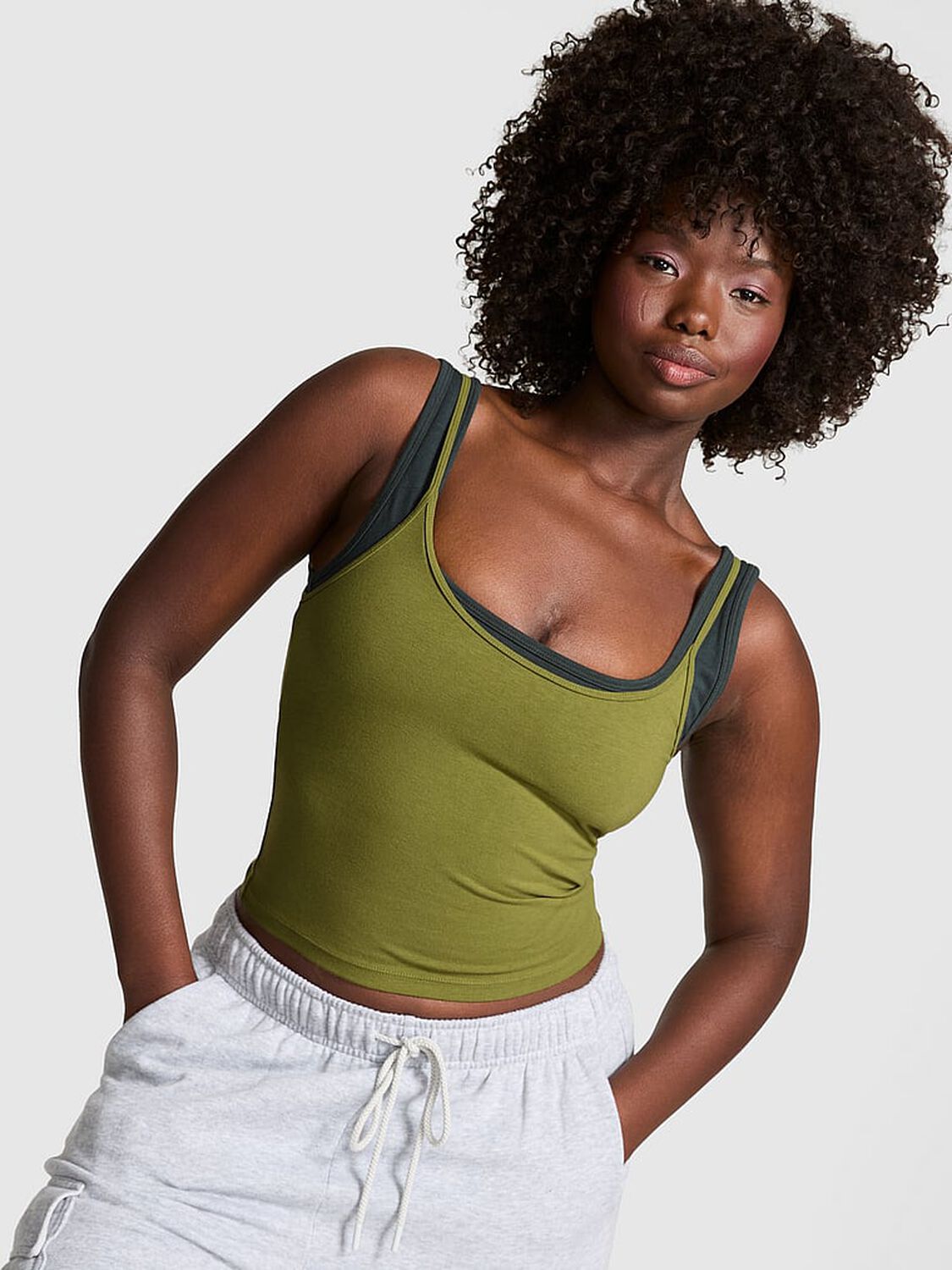 vs Pink All-Day Cotton&trade; Double Up Tank Lizard Green With Mineral Layer 1 of 4 