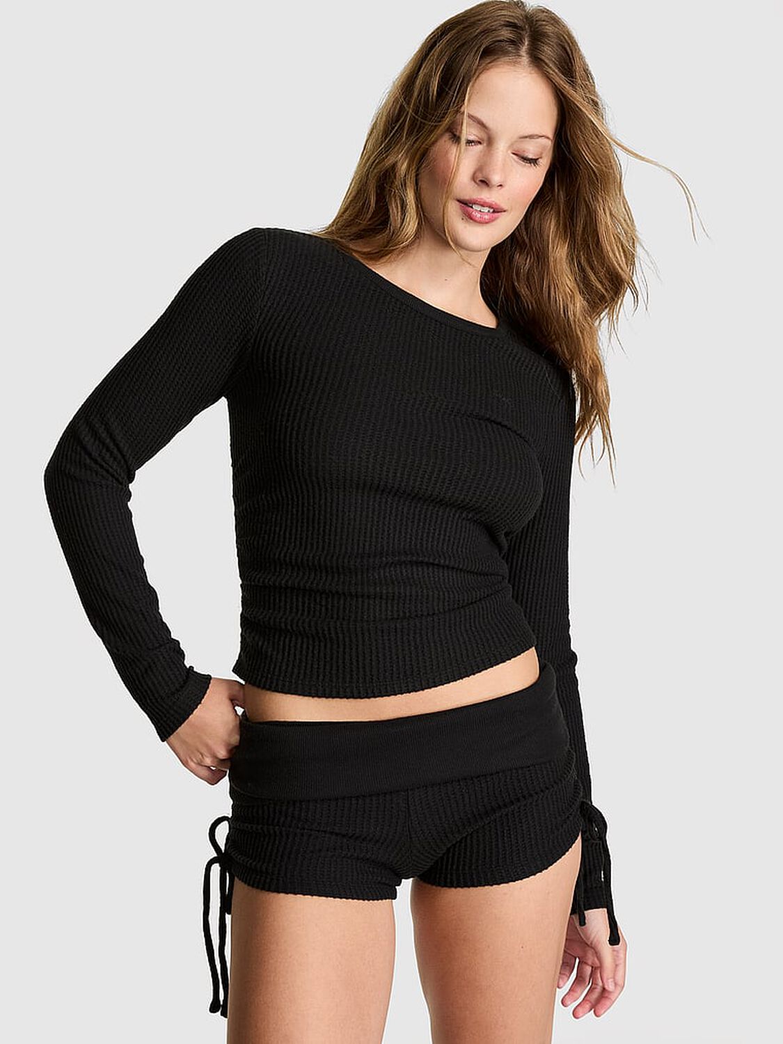 vs Pink Waffle Knit Foldover Shorts Black 1 of 2 
