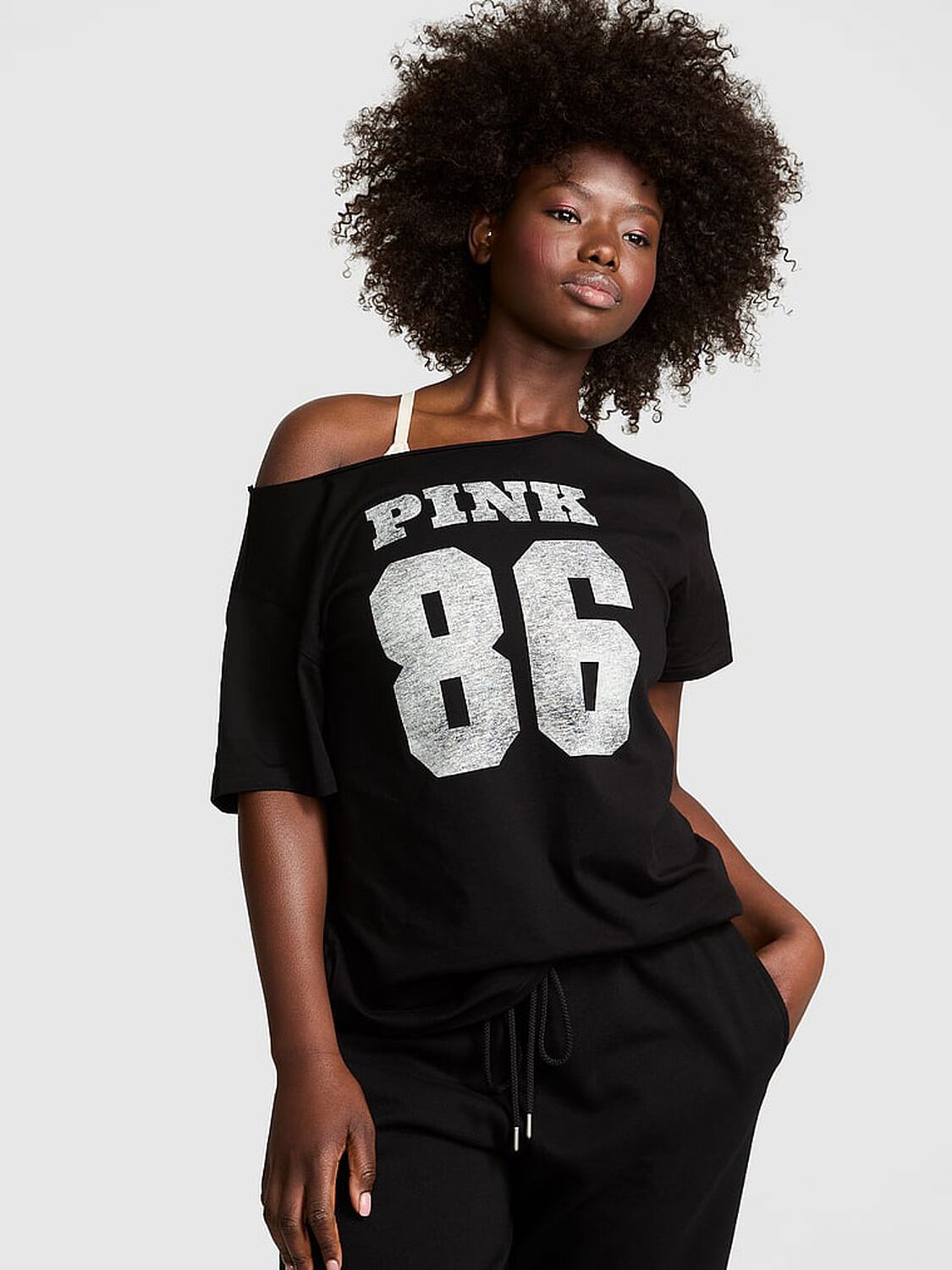 vs Pink Campus Cotton Off-The-Shoulder Tee Pure Black 86 1 of 3 