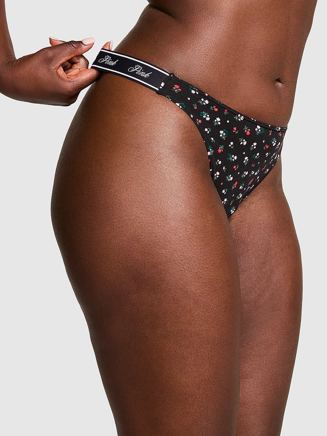 vs Pink Logo Cotton High-Leg Thong Panty Pure Black Floral Print 1 of 3 
