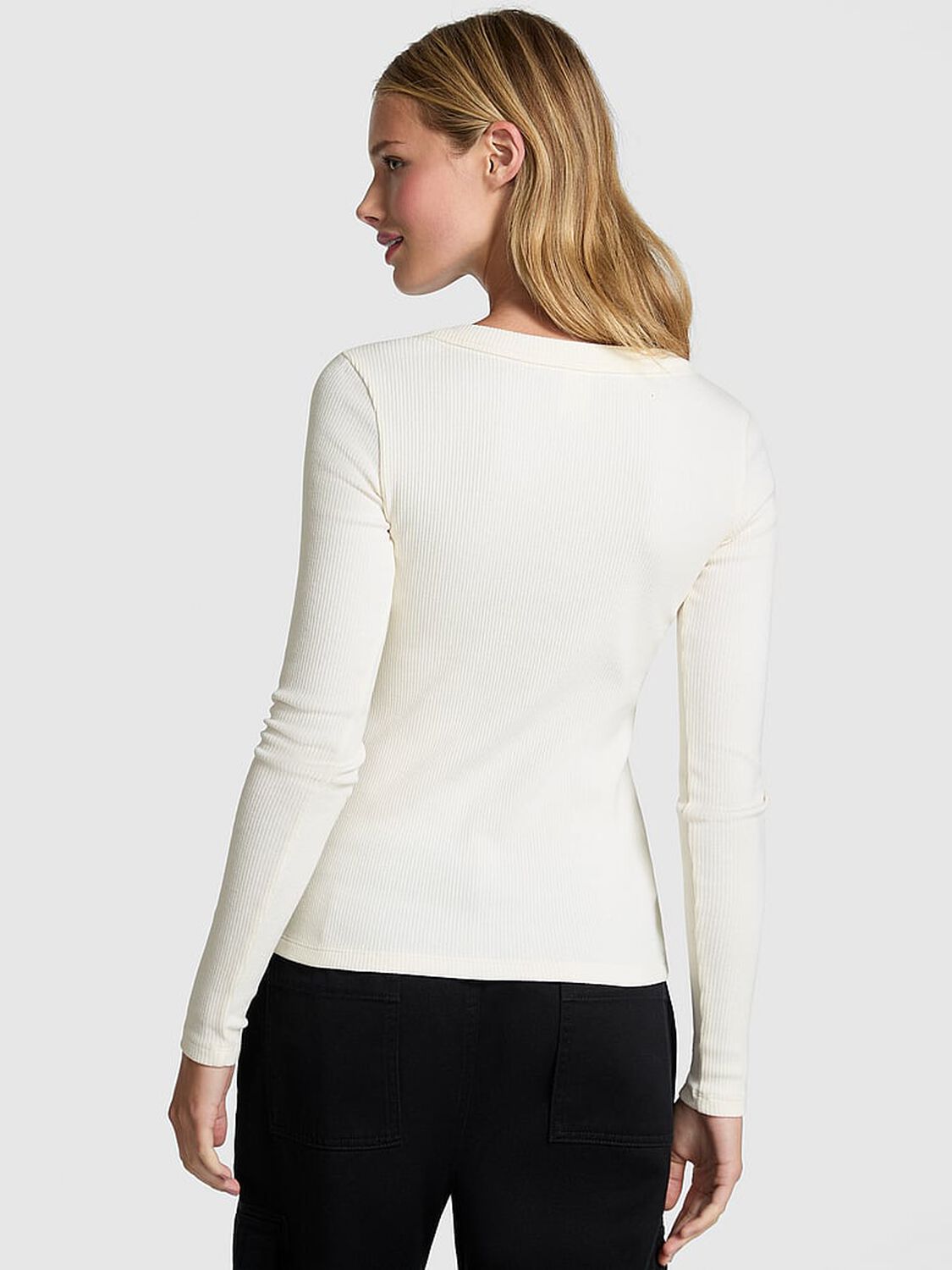 vs Pink Vintage Ribbed Button-Down Long-Sleeve Tee Winter White 2 of 2 