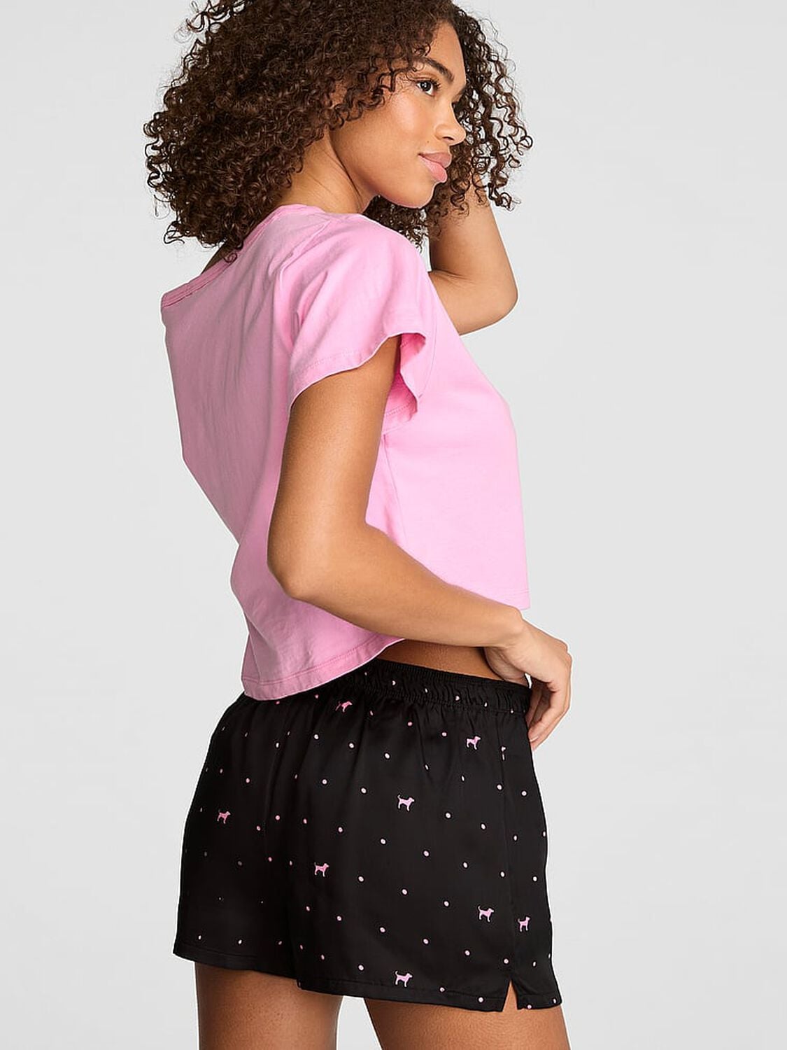 vs Pink Silky Sleep Boxy Pajama Shorts Black With Pink Dot & Dog 2 of 2 