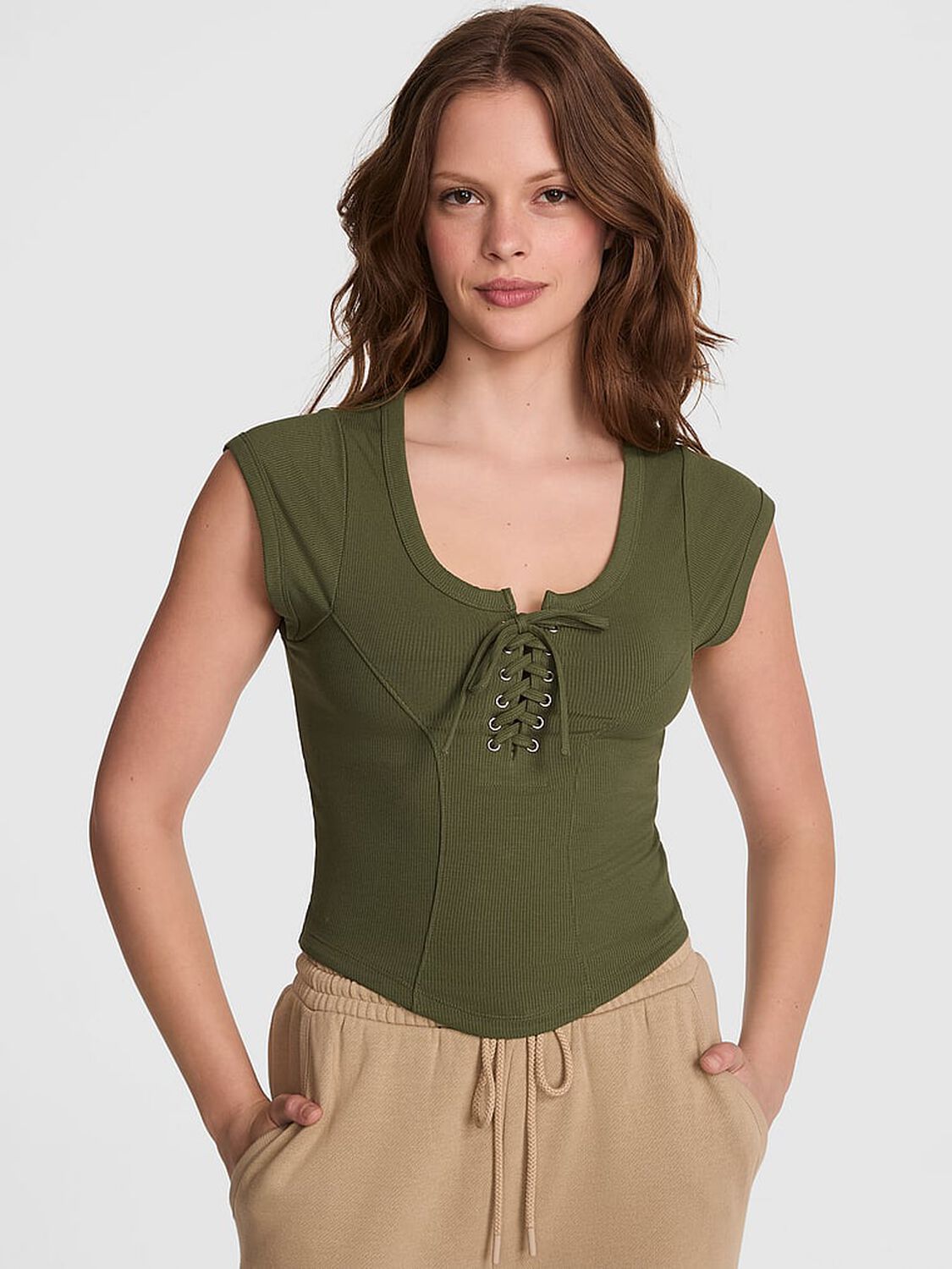 vs Pink All-Day Soft Ribbed Lace-Up Top Olive Shade 1 of 3 