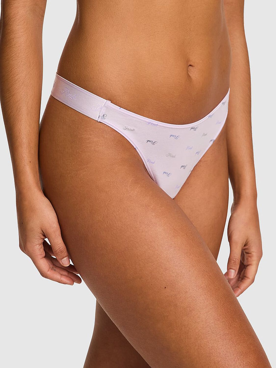 vs Pink Logo Cotton High-Leg Thong Panty Purple Whisper Script Pink Print 1 of 3 