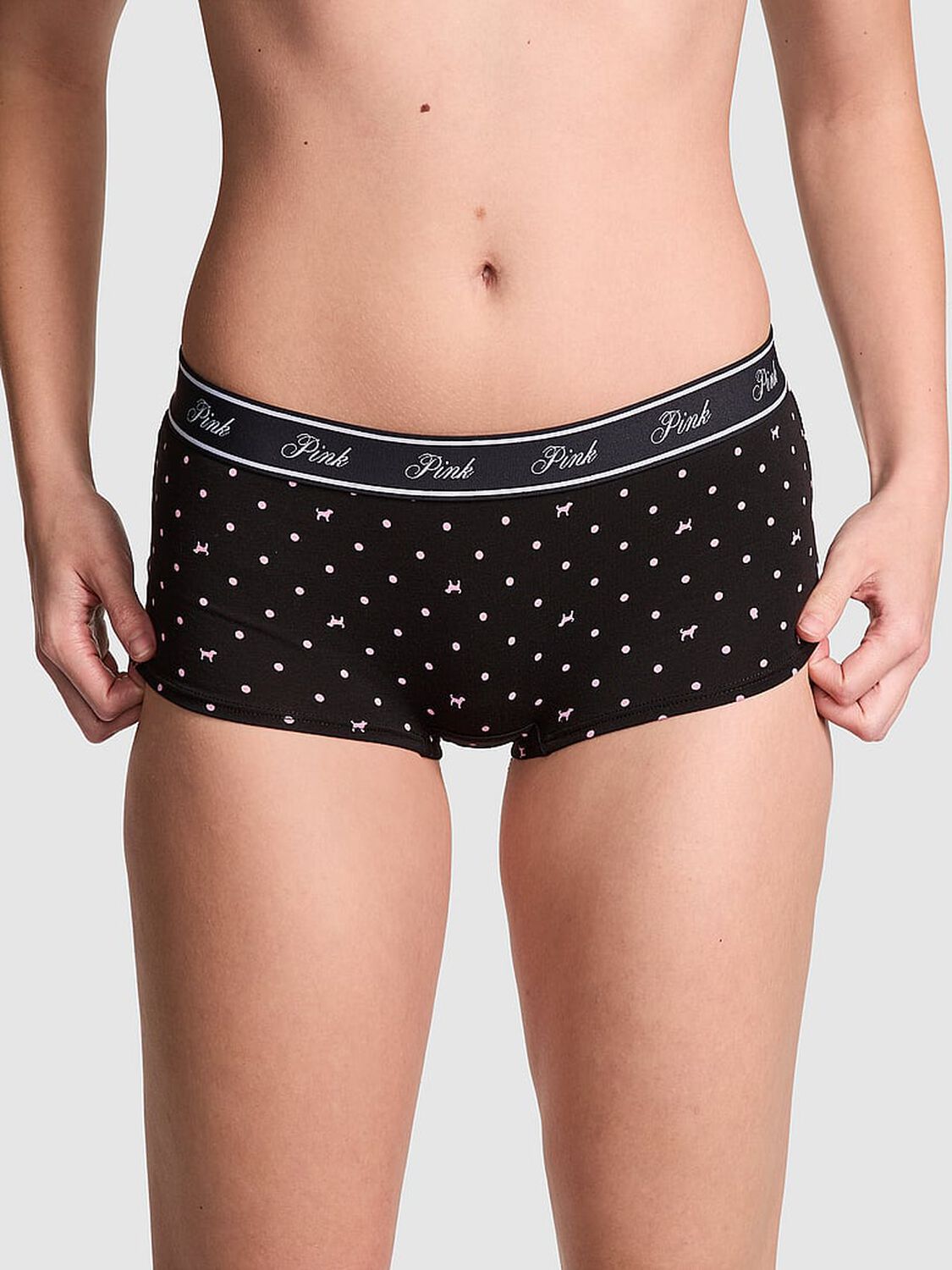 vs Pink Logo Cotton Shine Boyshort Panty Black Dot Dog Print 1 of 3 