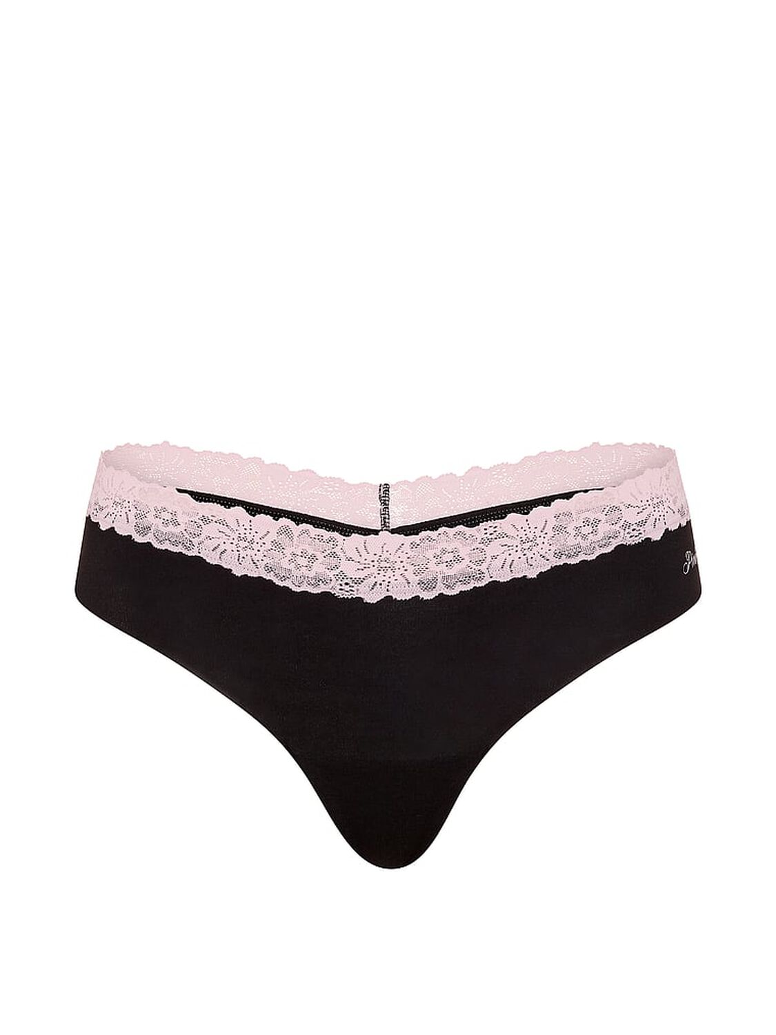 vs Pink No-Show Cotton Thong Panty Black W/ Pink Tulip Lace Trim 3 of 3 
