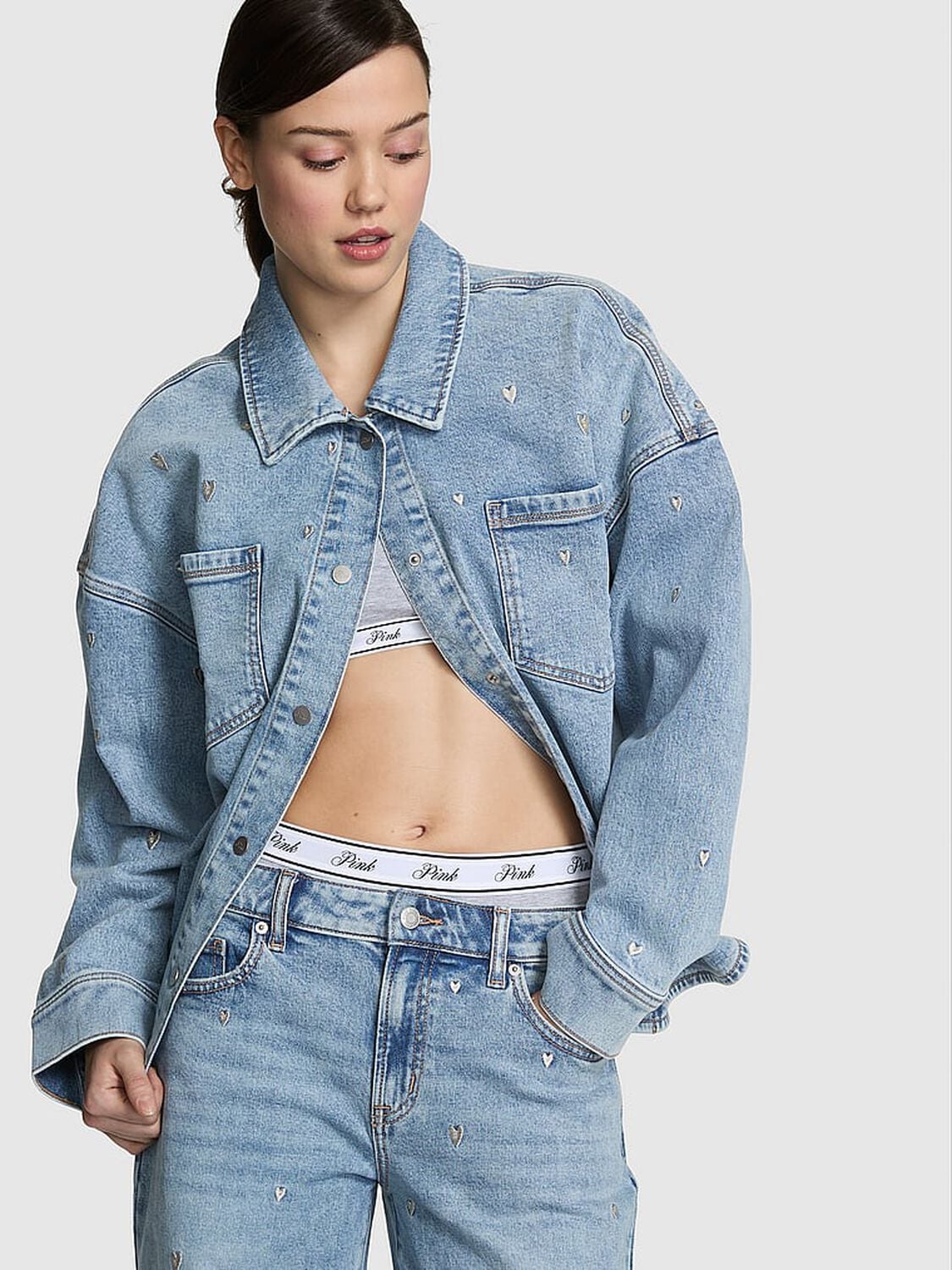 pink Pink Denim by PINK Shacket Bluestone Wash Embroidery 1 of 3 