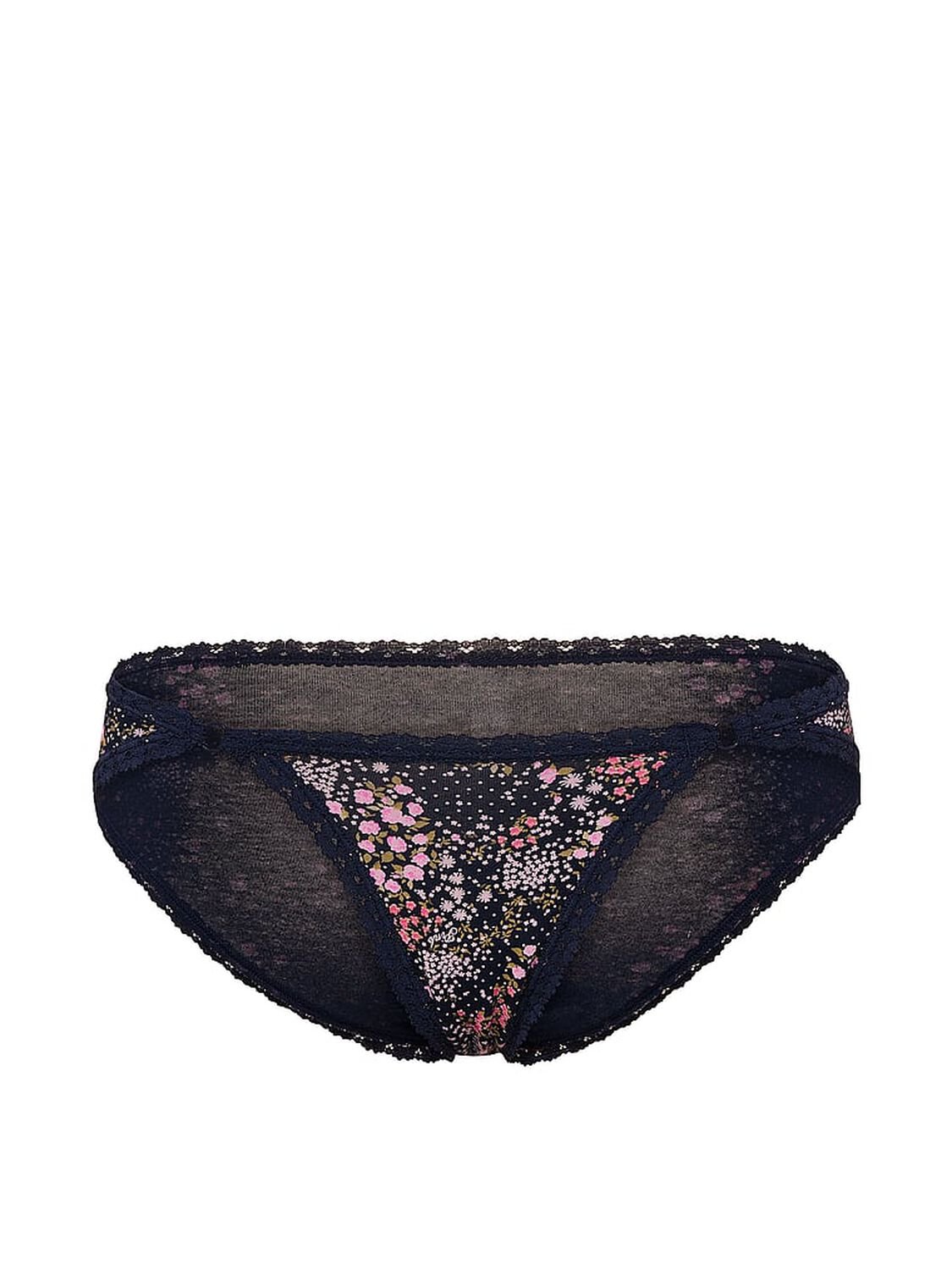 vs Pink Cotton Lace-Trim Low-Rise Cheeky Panty Noir Navy Floral Print 3 of 4 