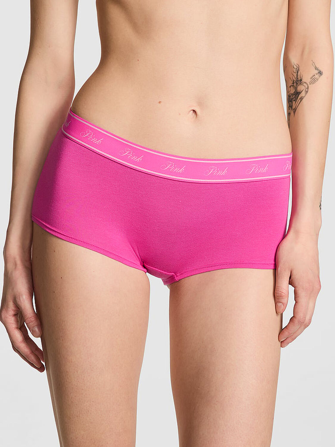 vs Pink Logo Cotton Shine Boyshort Panty Pink Gossip Butt Graphic 1 of 4 