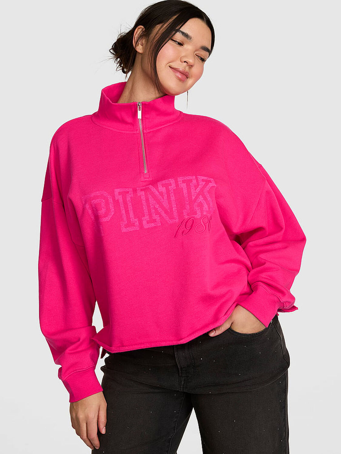 vs Pink Campus Fleece&trade; Quarter-Zip Straight-Cut Sweatshirt Hot Stuff 1 of 3 