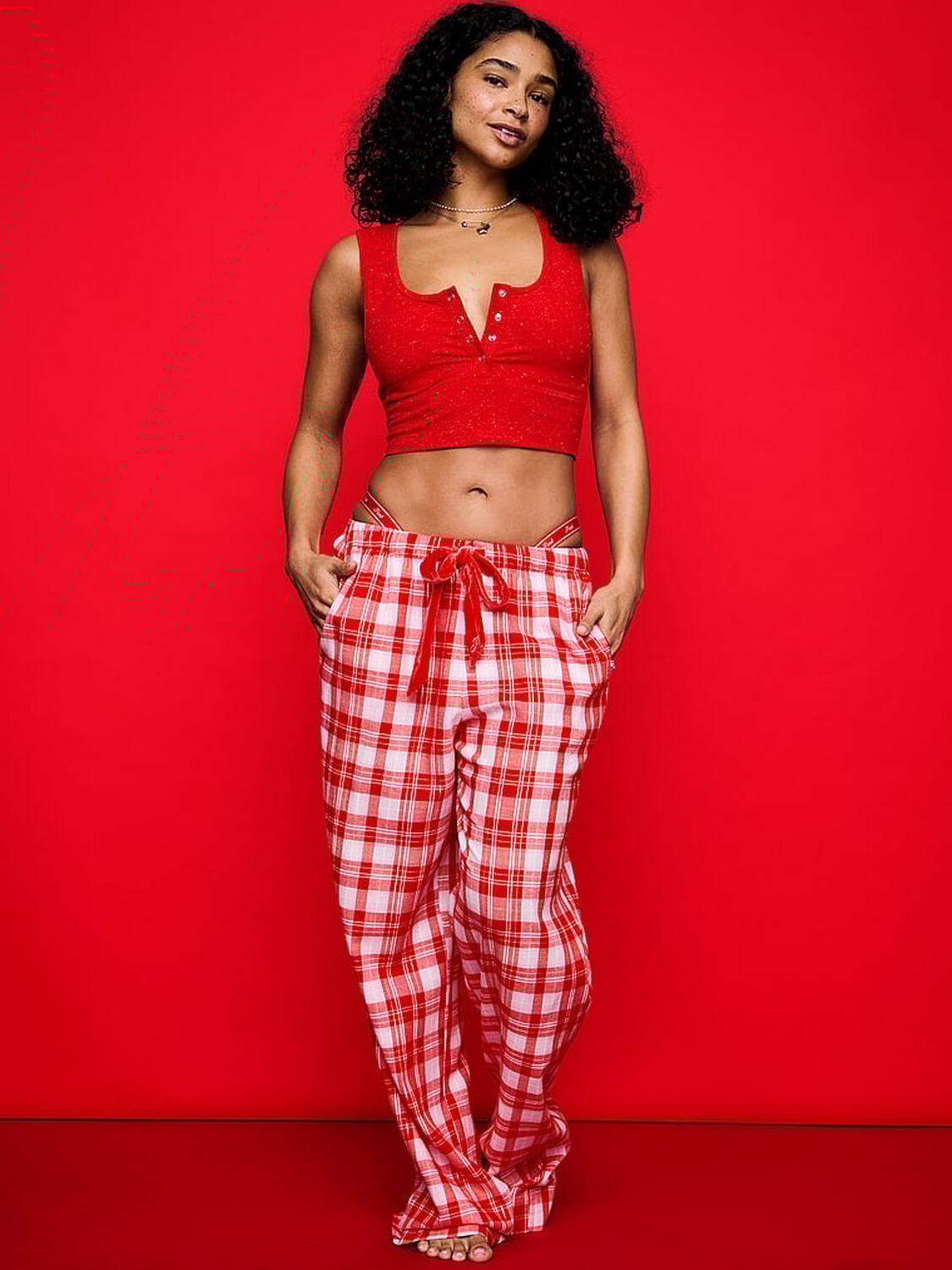 vs Pink Flannel Pajama Pants Bright Vermillion/Pink Lollipop Plaid 3 of 3 