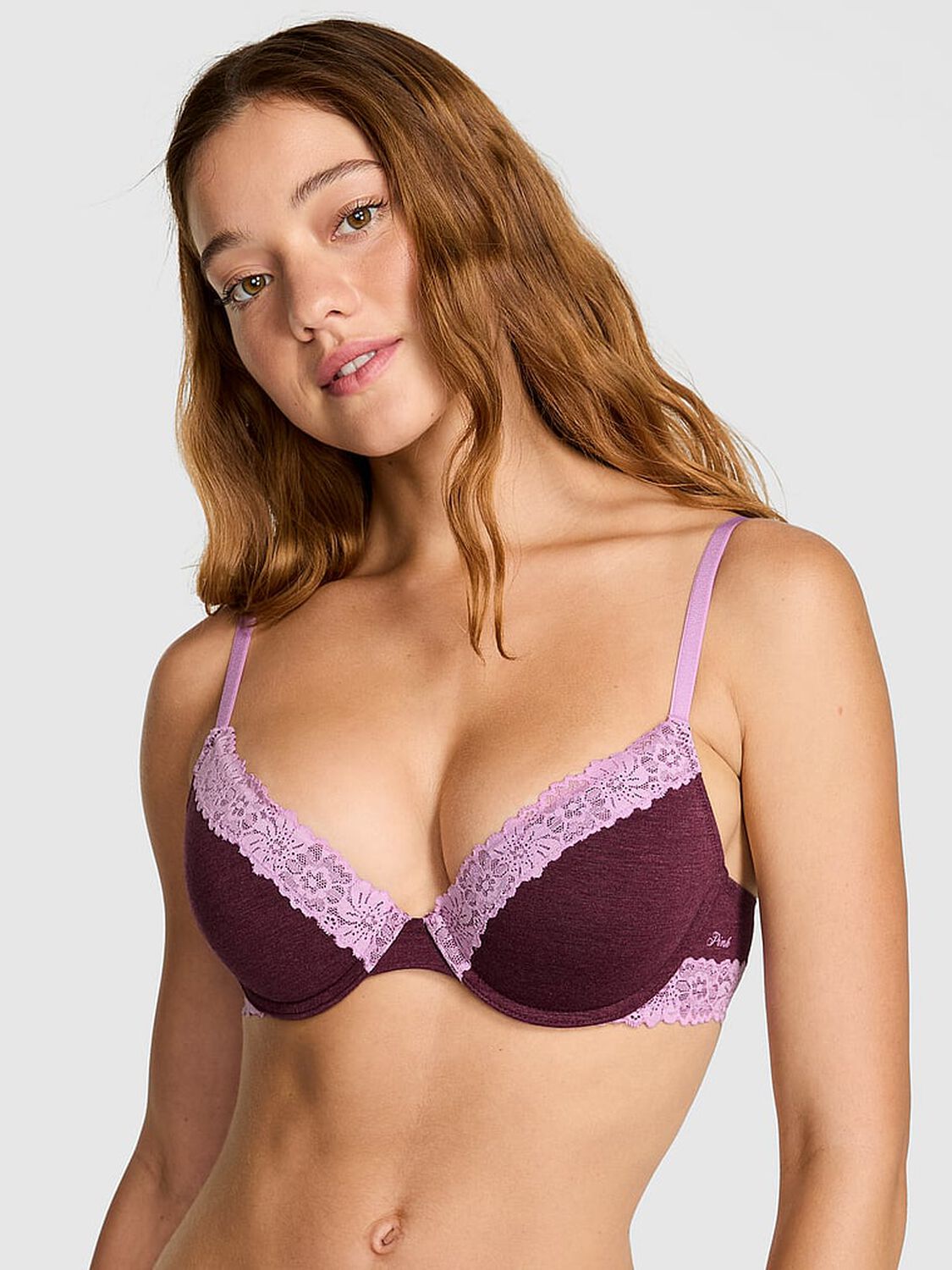 vs Pink Wear Everywhere Wear Everywhere Push-Up Bra Heather Burgundy 1 of 3 