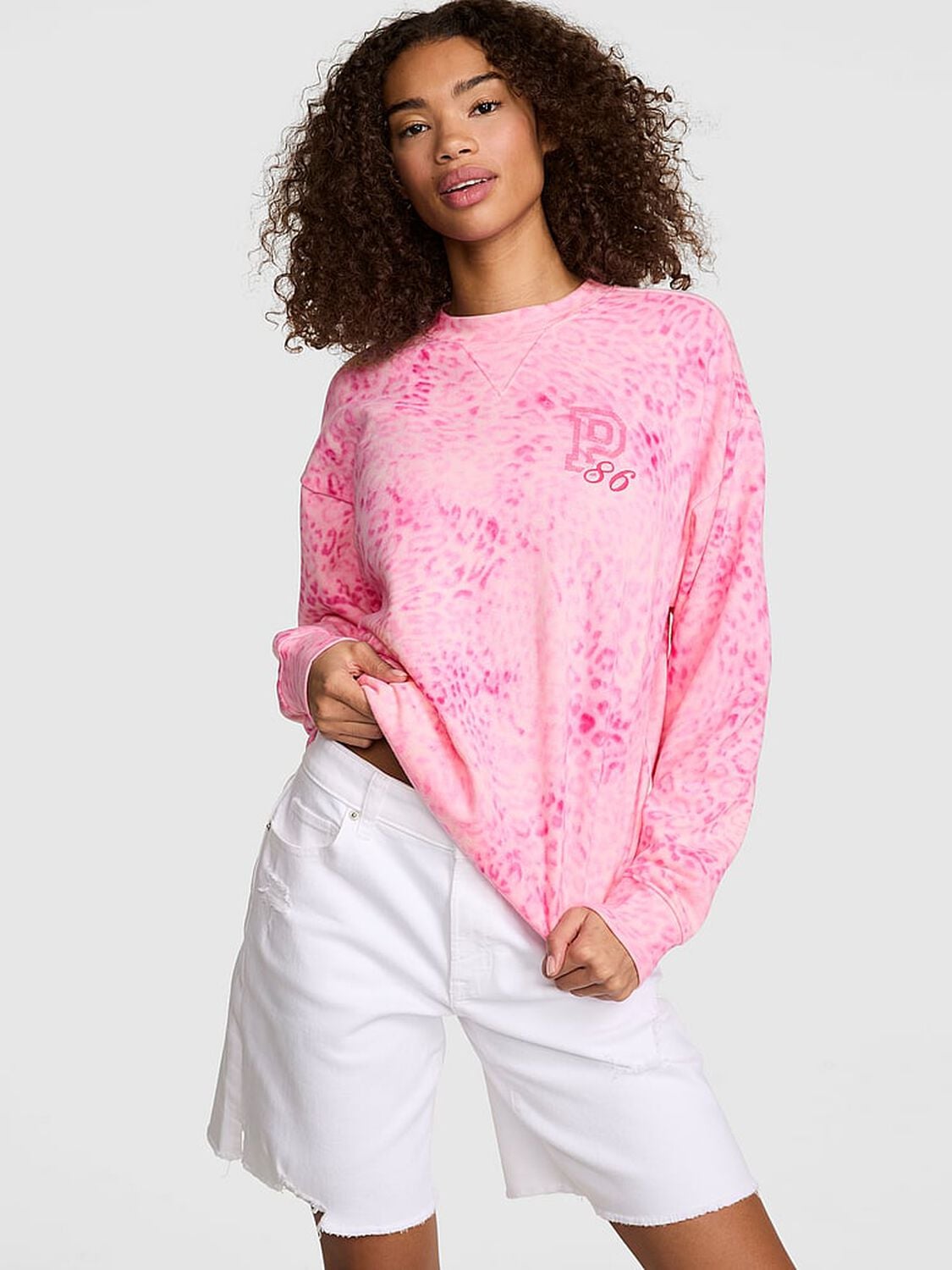vs Pink Campus Fleece&trade; Oversized Crew Sweatshirt Pink Leopard 1 of 3 