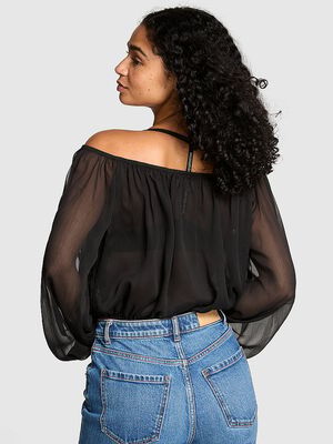 Chiﬀon Long-Sleeve Oﬀ-The-Shoulder Top