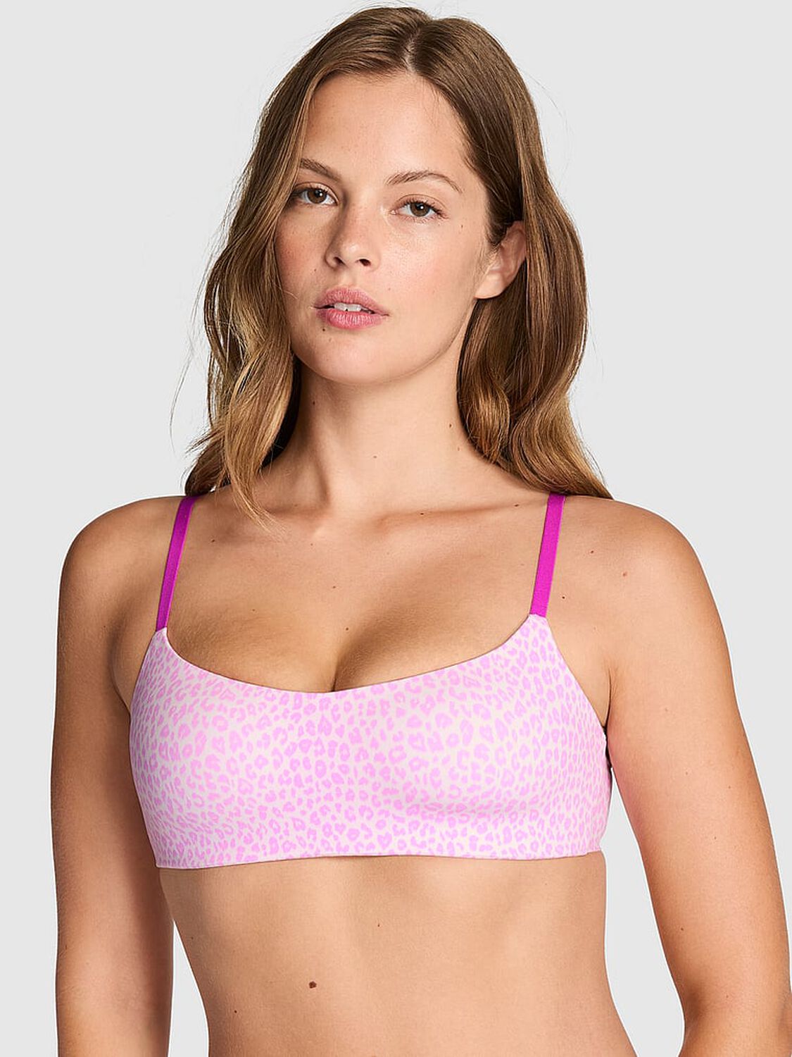 vs Pink Marshmallow Lightly Lined Wireless Comfy Bra Pink Tulip Leopard Print 1 of 3 