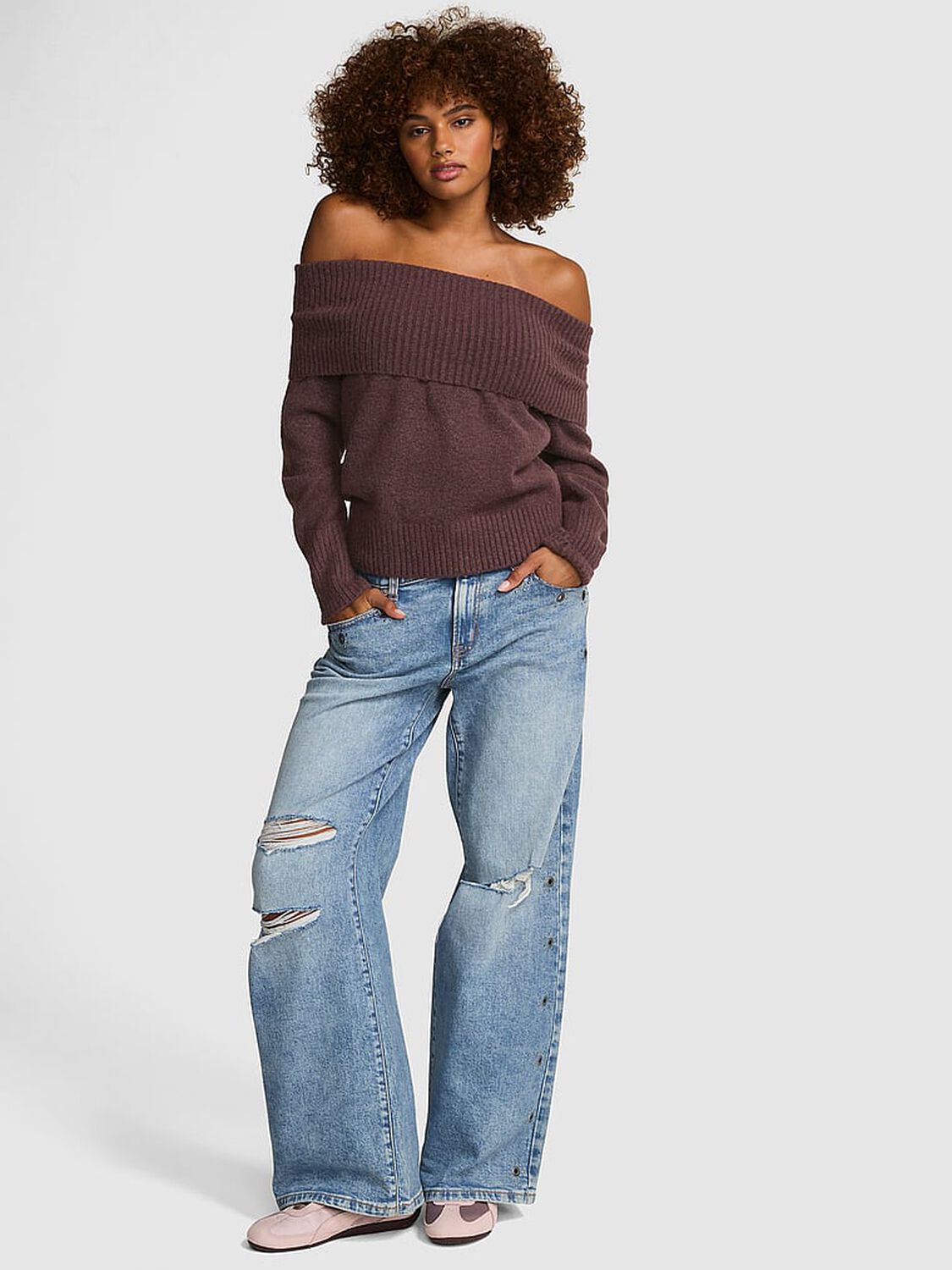 vs Pink Comfy Girl Oﬀ-The-Shoulder Foldover Sweater Coco Crush 1 of 3 