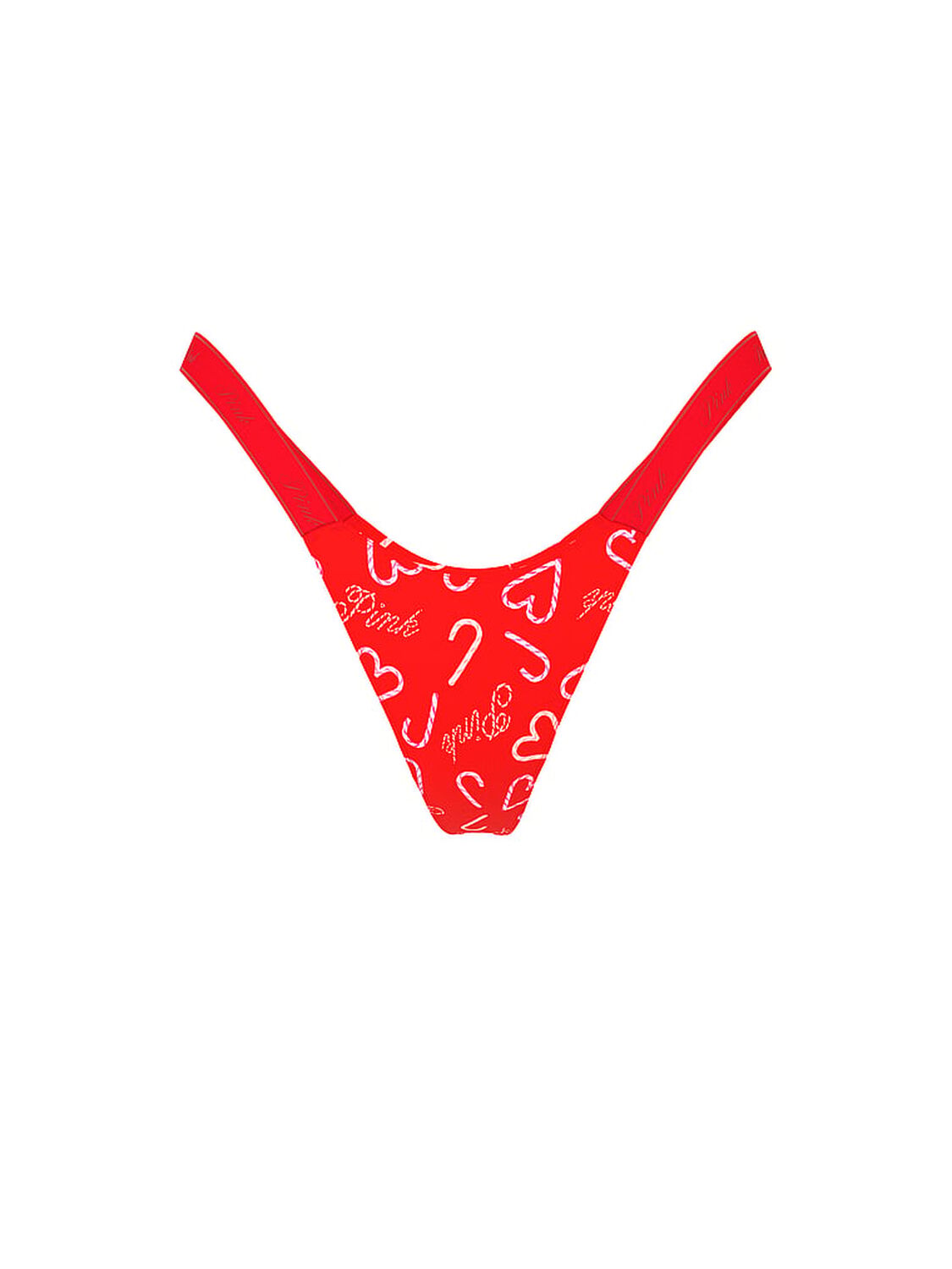 vs Pink Logo Cotton High-Leg Micro Thong Panty Bright Vermillion Candy Cane Hearts Print 1 of 2 