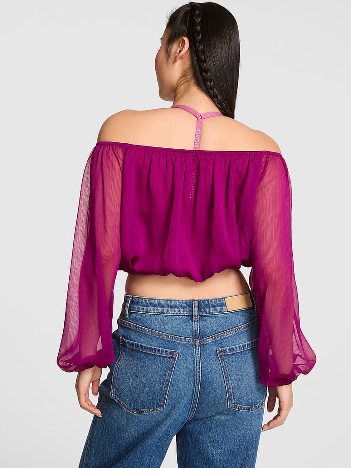 vs Pink Chiffon Long-Sleeve Off-The-Shoulder Top Magenta Rose 2 of 3 
