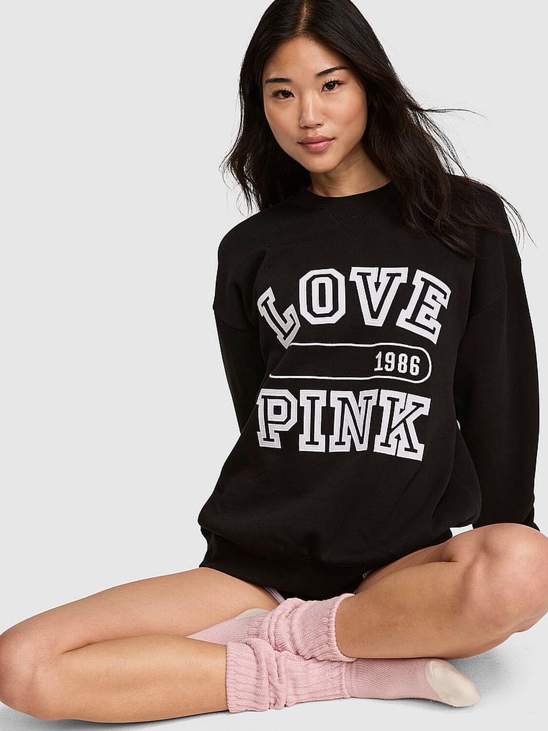 vs Pink Campus Fleece&trade; Oversized Crew Sweatshirt Pure Black 1 of 3 