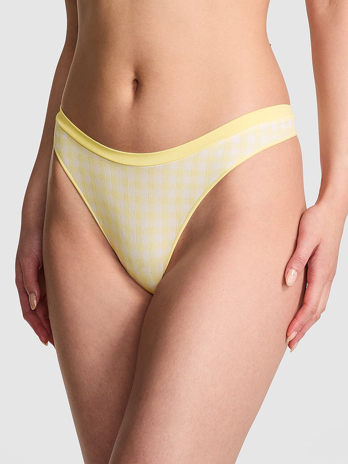 vs Pink Seamless High-Leg Thong Panty Mellow Yellow Gingham Print 1 of 3 