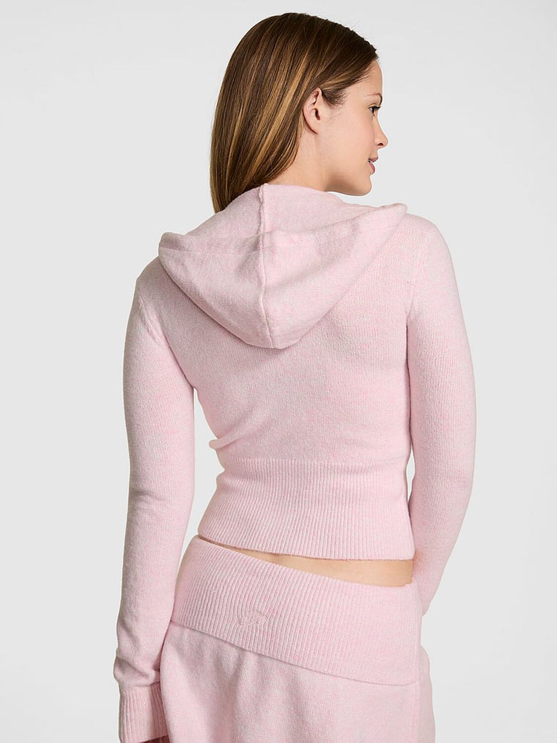 vs Pink Front-Zip Shrunken Sweater Hoodie Pink Petal Heather Lurex 2 of 2 