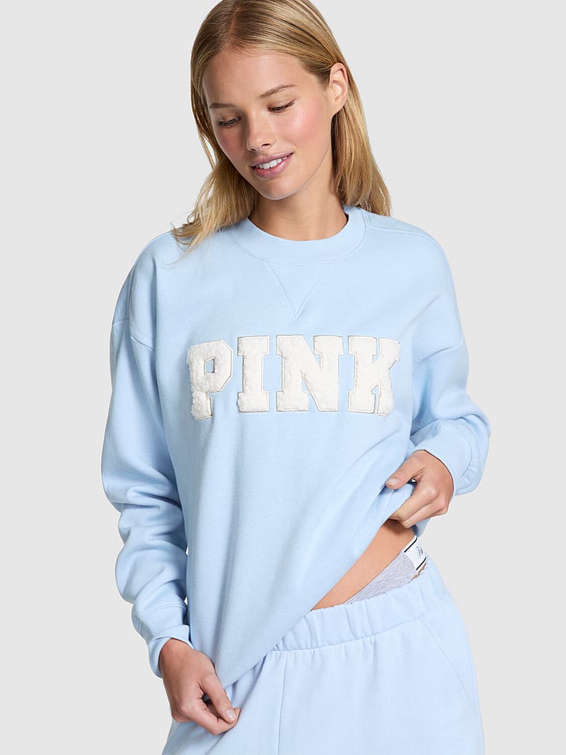 vs Pink Ivy Fleece Oversized Crew Sweatshirt Icy Blue Santa'S Fave 1 of 2 