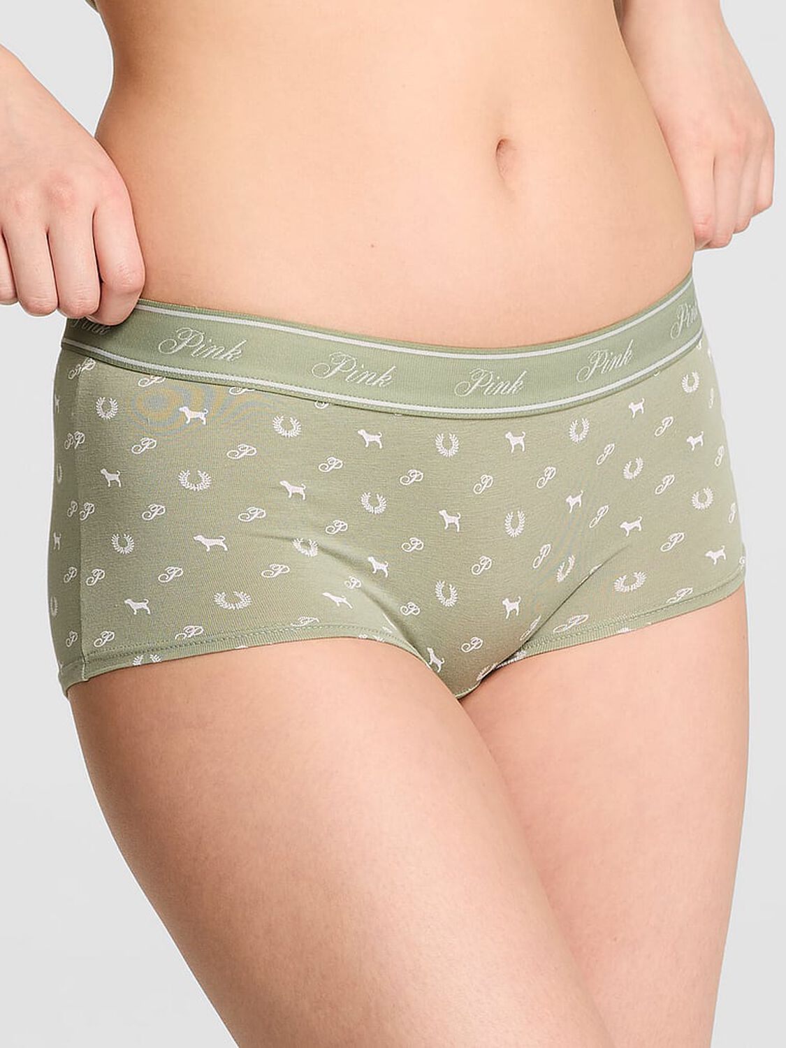 vs Pink Logo Cotton Boyshort Panty Slate Green P Heritage Print 1 of 2 