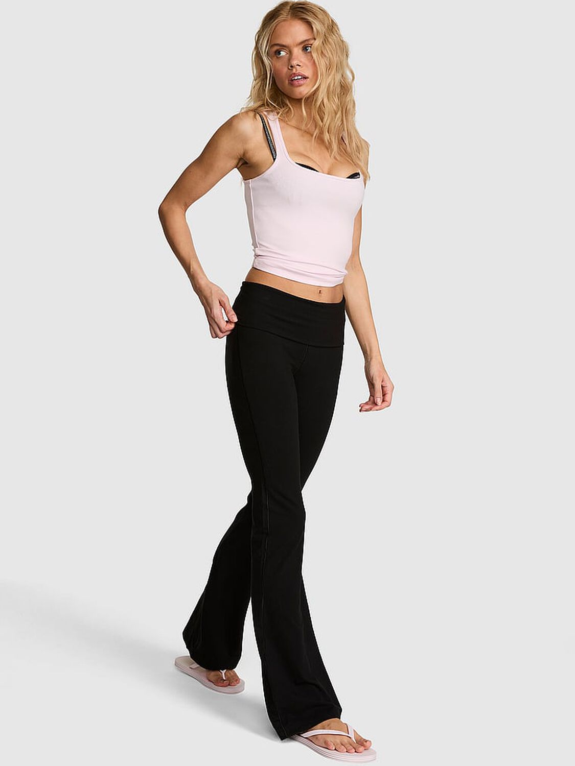 vs Pink All-Day Cotton&trade; Foldover Flare Leggings Pure Black Bling 1 of 3 