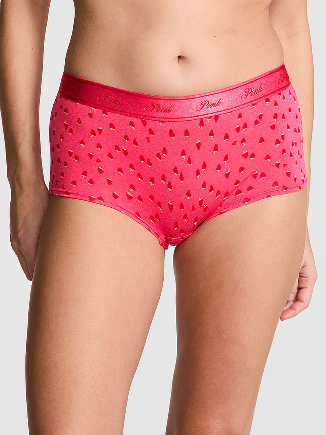 vs Pink Logo Cotton Shine Boyshort Panty Double Bubble Strawberry Print 1 of 3 