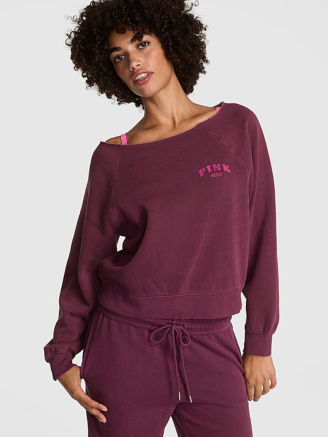vs Pink Ivy Fleece Off-The-Shoulder Sweatshirt Wild Rose 1 of 3 